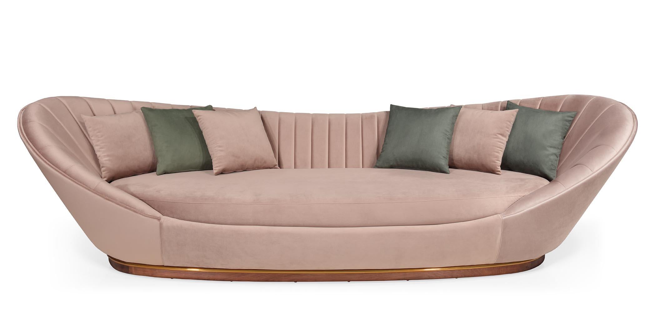 A true statement of luxury
Combining the finest and ancient craftsmanship with luxurious levels of design, quality, and comfort. 

Wonatti Davos Sofa, Footer Solid Walnut wood, Beige Upholstery Portuguese Velvet, Stainless Steel Footer Detail,