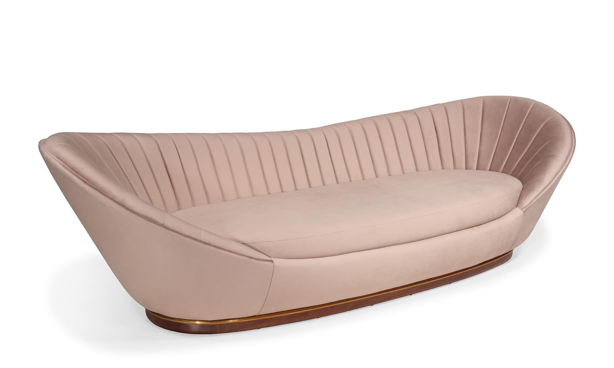 Modern Wonatti Davos Sofa, Walnut Wood Footer, Beige Velvet, Stainless Steel Detail For Sale