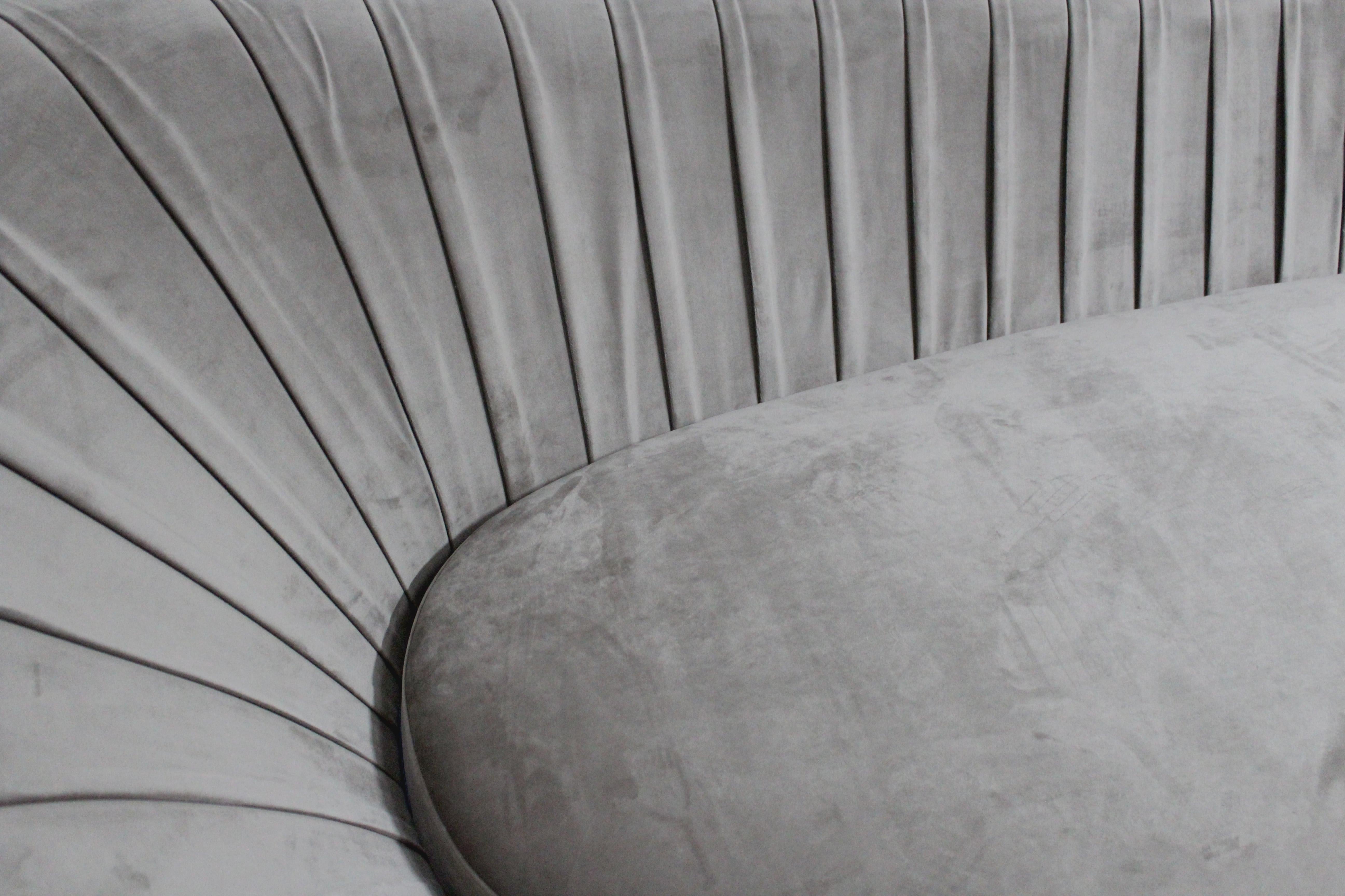 Modern Wonatti Davos Sofa, walnut wood footer, grey velvet, stainless steel detail For Sale