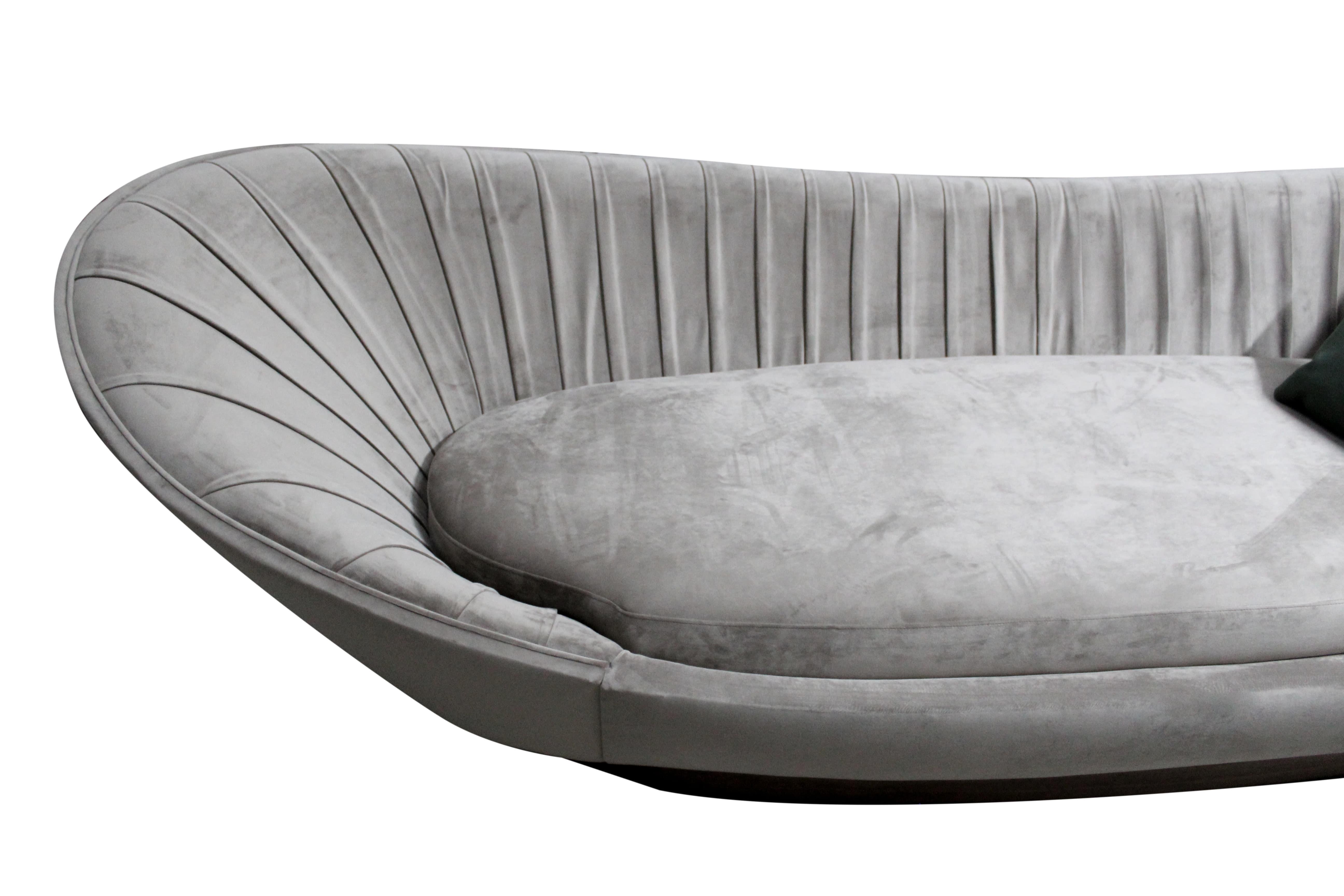 Portuguese Wonatti Davos Sofa, walnut wood footer, grey velvet, stainless steel detail For Sale