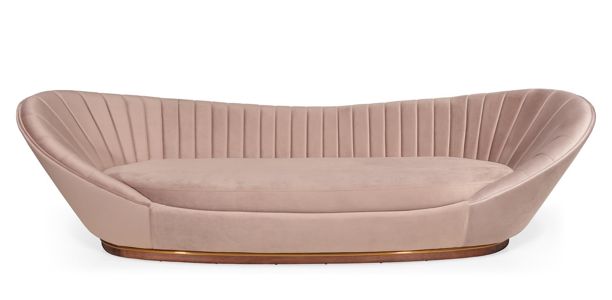 Contemporary Wonatti Davos Sofa, Walnut Wood Footer, Beige Velvet, Stainless Steel Detail For Sale