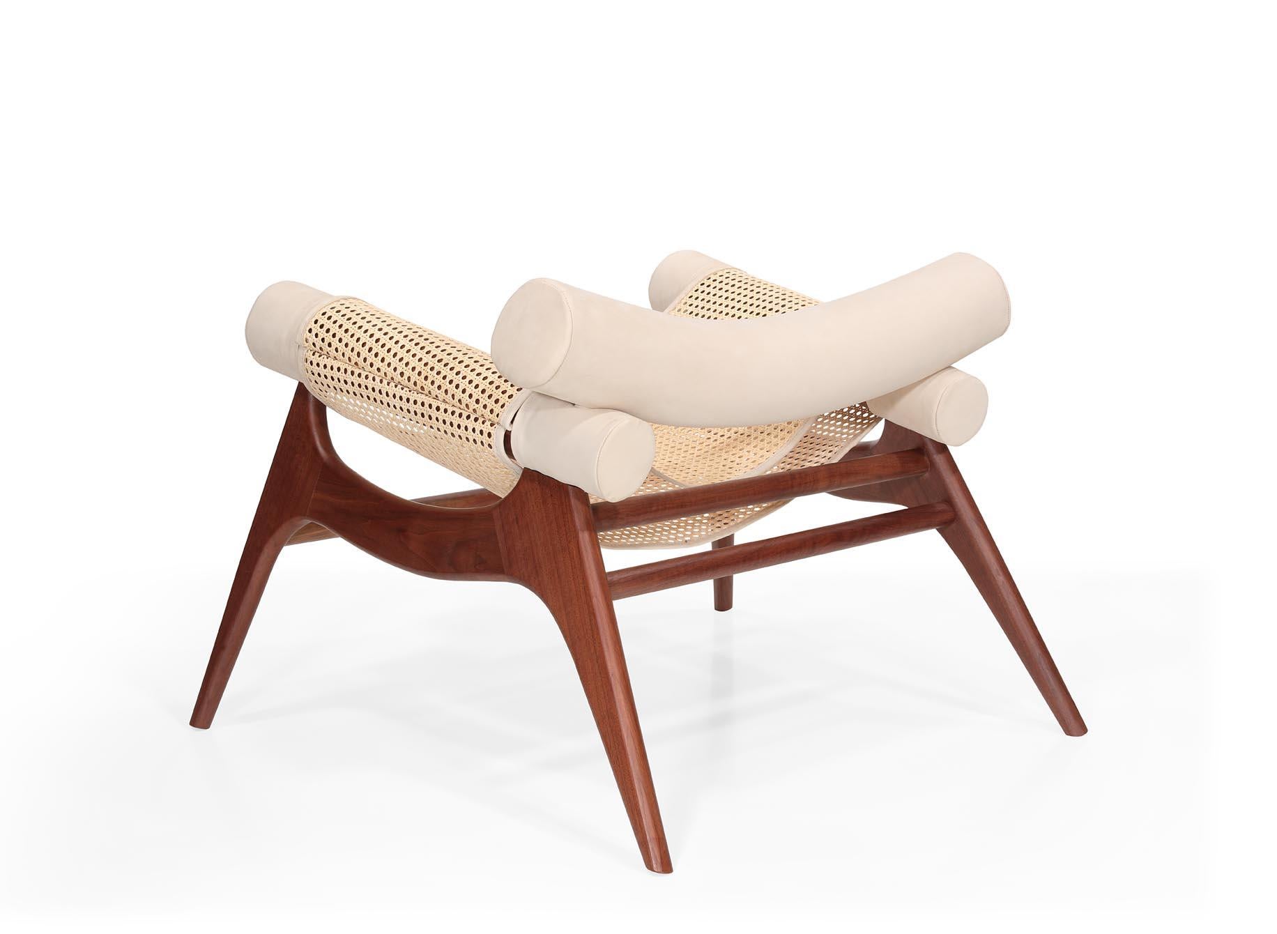 Mid-Century Modern Wonatti Espiunca Armchair, Walnut Wood Armchair, Leather Armchair, Rattan Chair For Sale