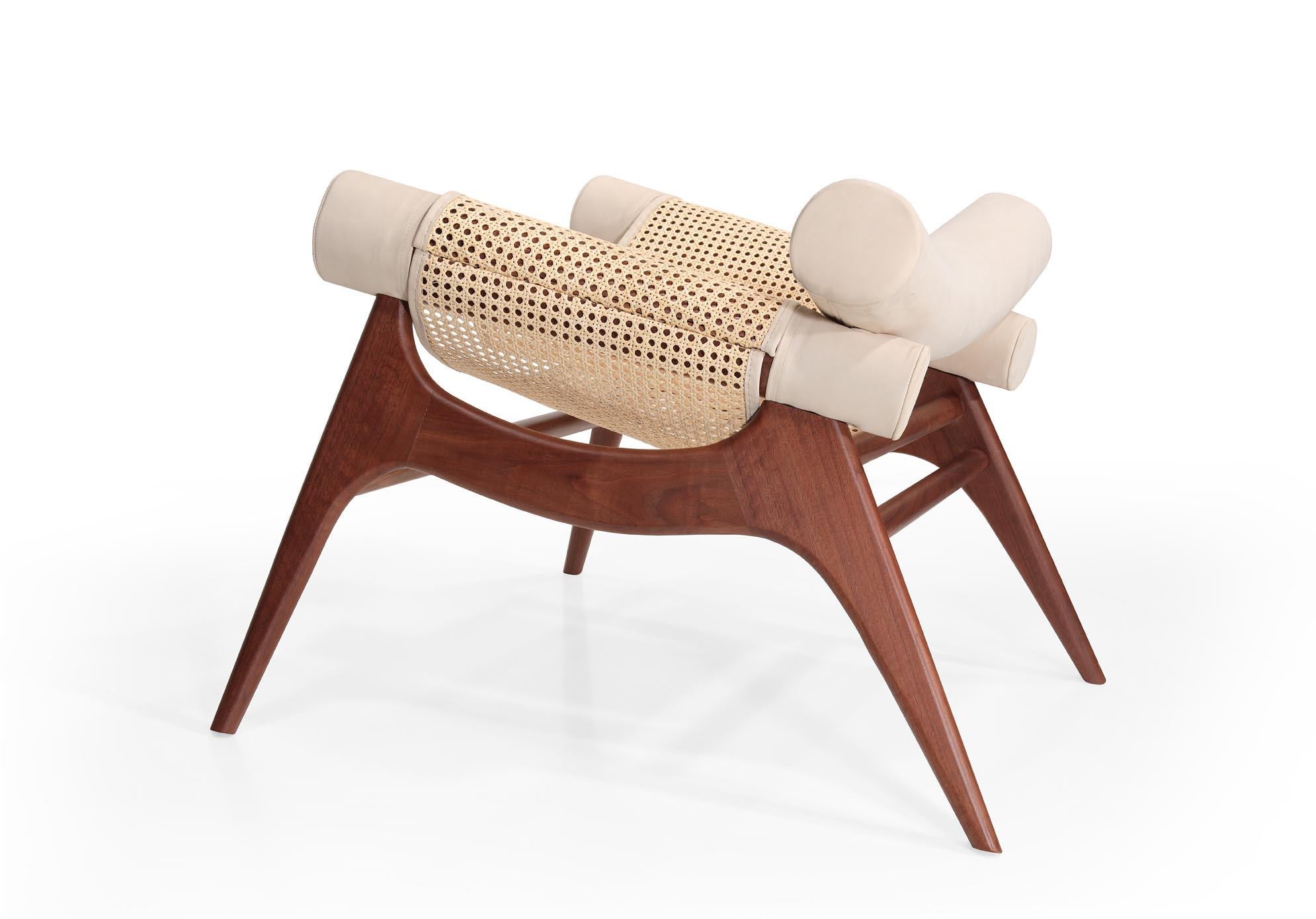 Portuguese Wonatti Espiunca Armchair, Walnut Wood Armchair, Leather Armchair, Rattan Chair For Sale