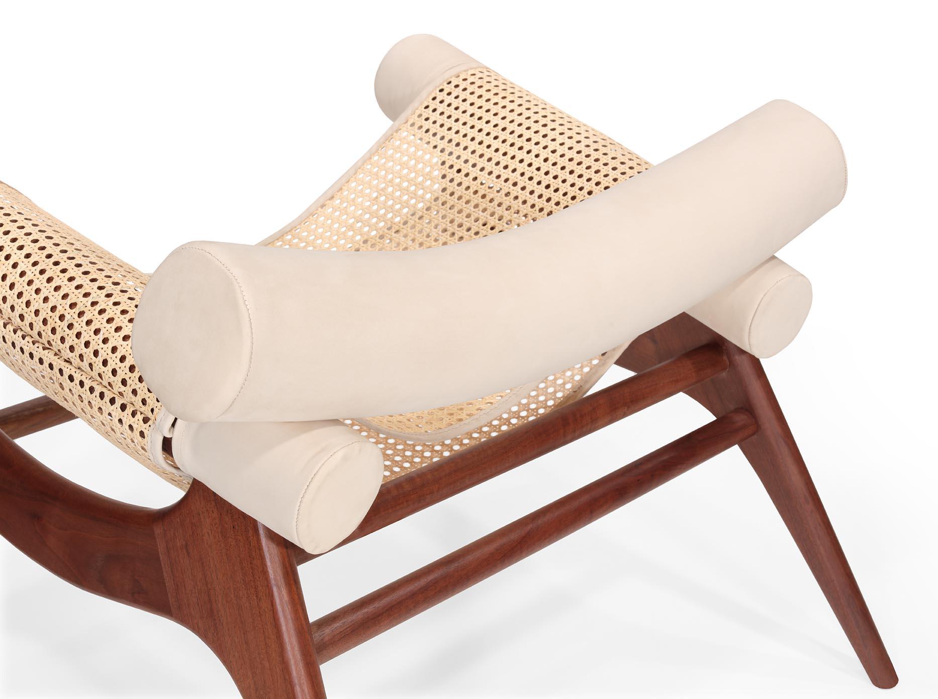 Hand-Crafted Wonatti Espiunca Armchair, Walnut Wood Armchair, Leather Armchair, Rattan Chair For Sale