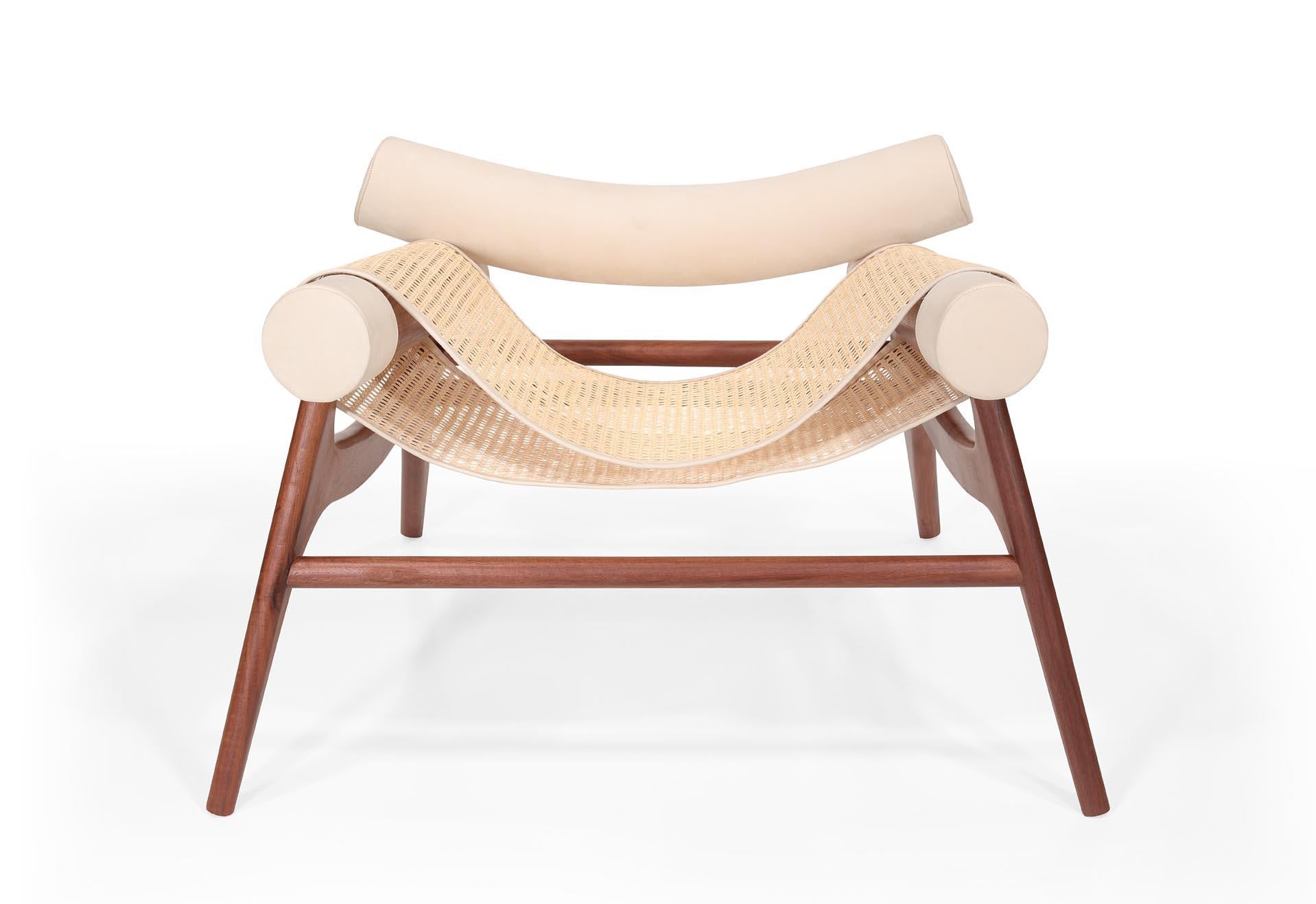 Contemporary Wonatti Espiunca Armchair, Walnut Wood Armchair, Leather Armchair, Rattan Chair For Sale