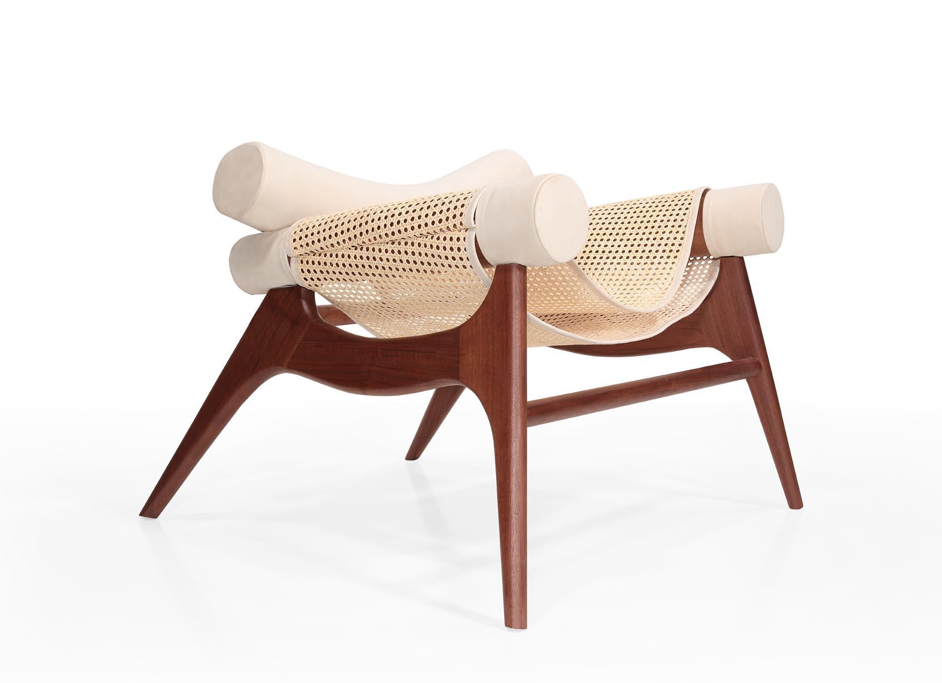 Portuguese Wonatti Espiunca Set, Walnut Wood Armchair, Leather Armchair, Rattan Chair For Sale