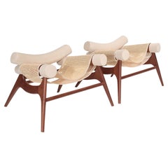 Wonatti Espiunca Set, Walnut Wood Armchair, Leather Armchair, Rattan Chair