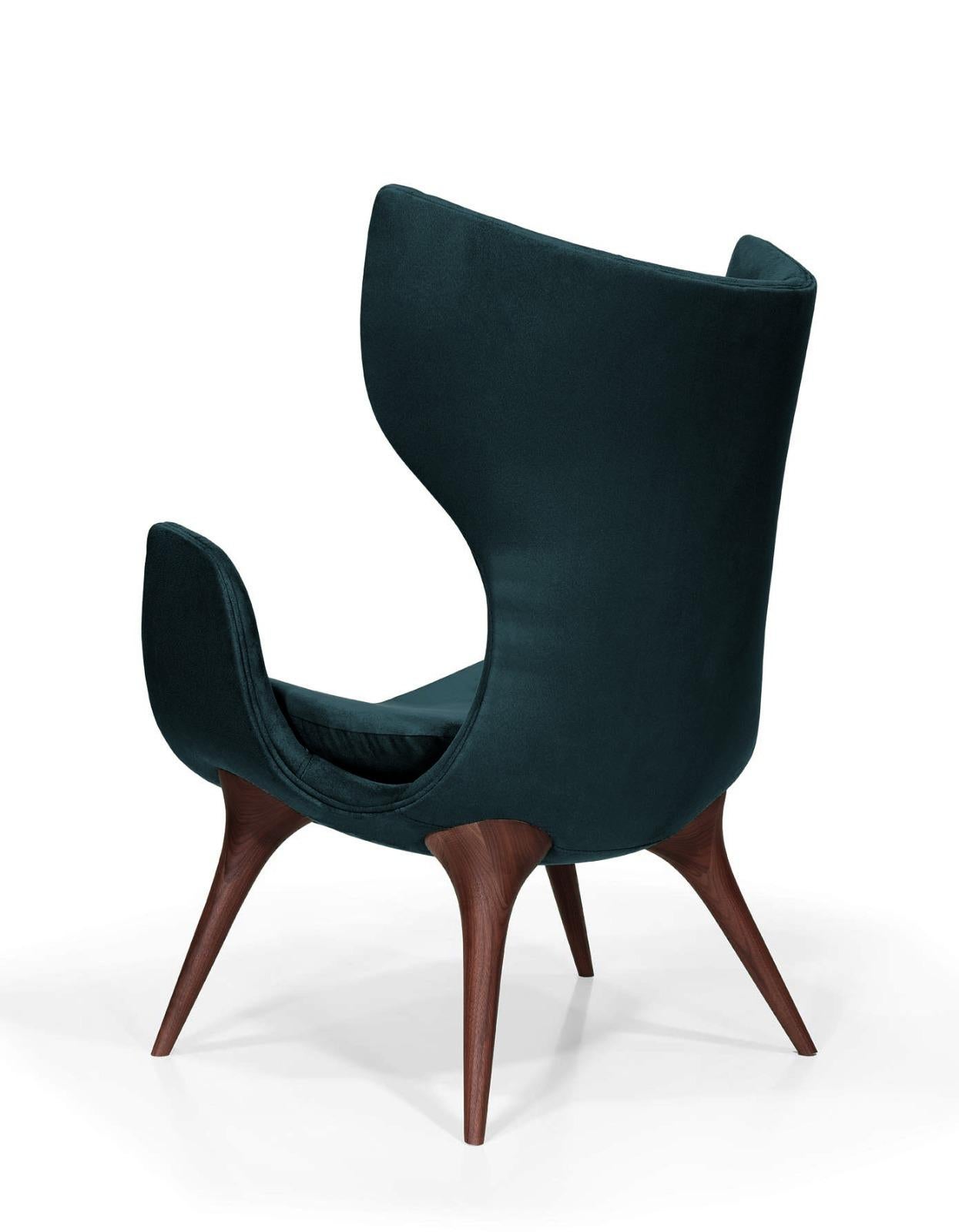 Modern Wonatti Korcula Armchair, Walnut Wood Armchair, Suede Armchair, Blue Navy Chair For Sale
