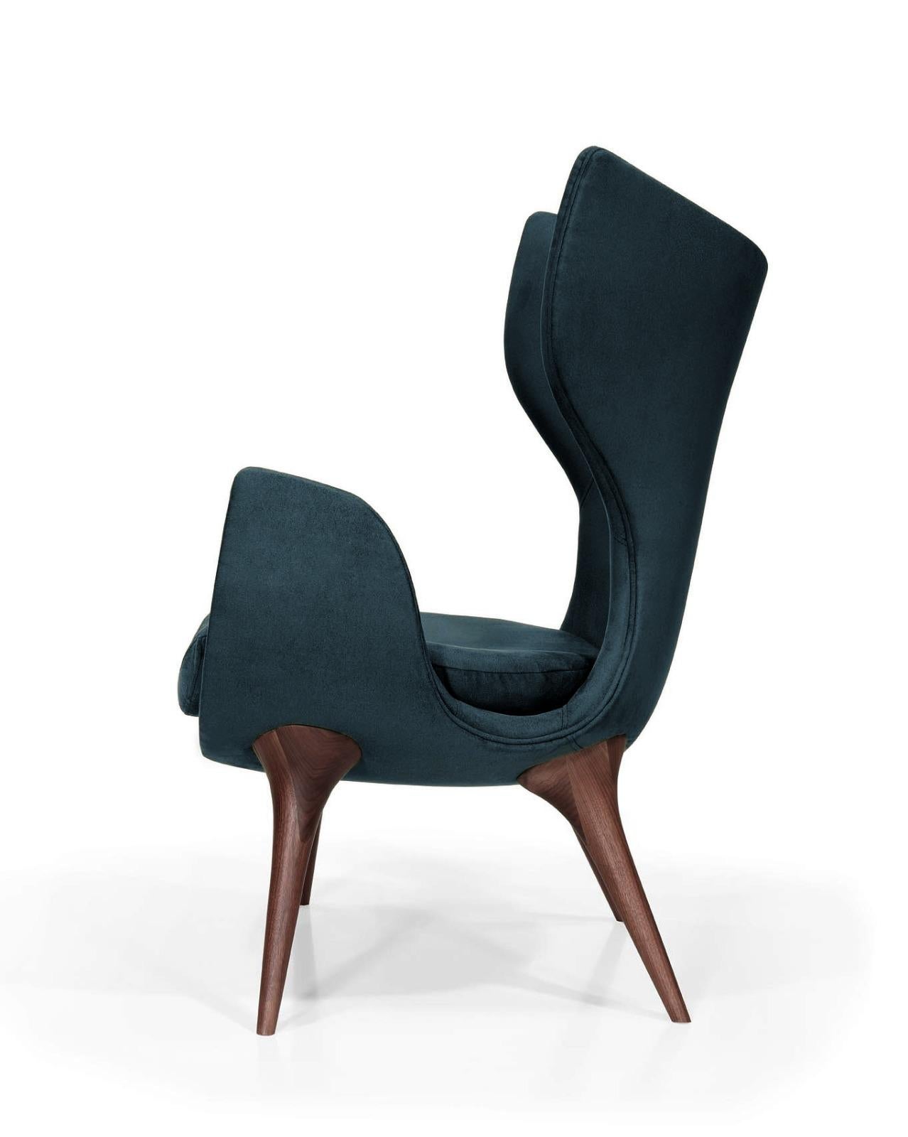 Portuguese Wonatti Korcula Armchair, Walnut Wood Armchair, Suede Armchair, Blue Navy Chair For Sale