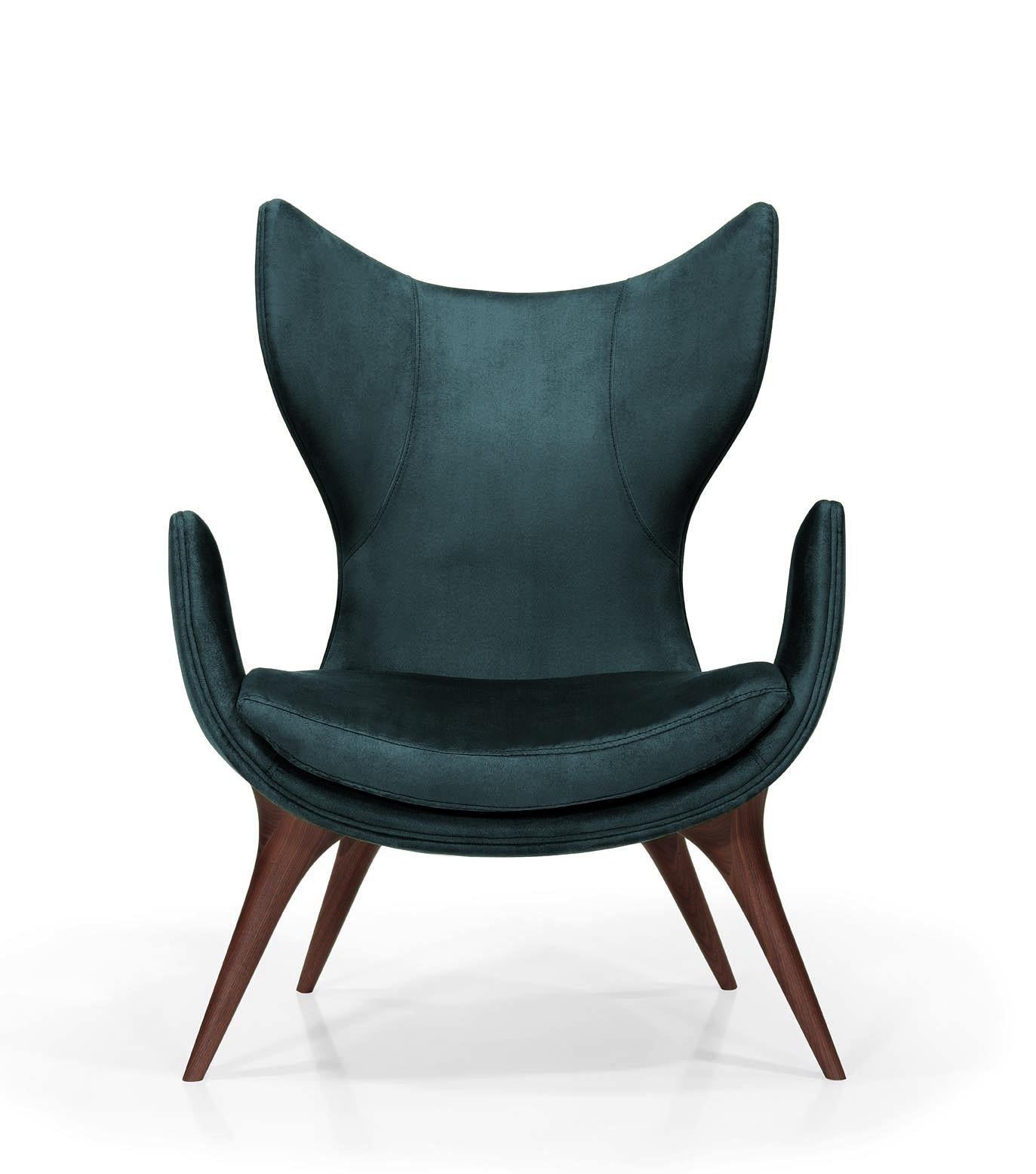 Hand-Crafted Wonatti Korcula Armchair, Walnut Wood Armchair, Suede Armchair, Blue Navy Chair For Sale