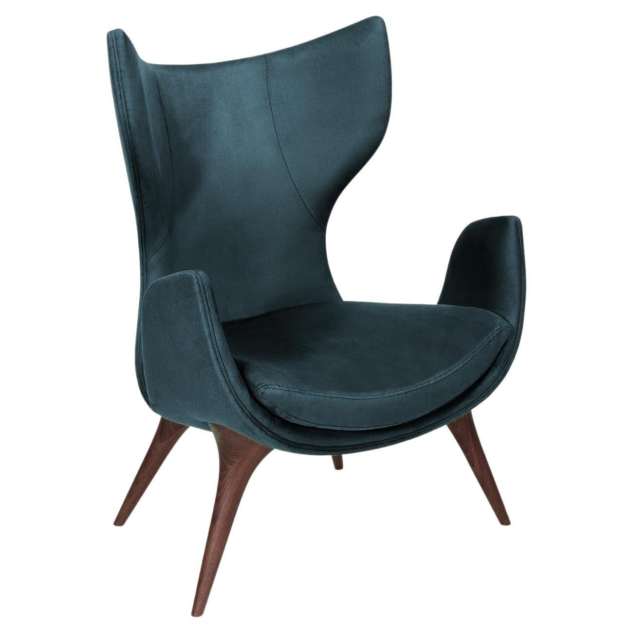 Wonatti Korcula Armchair, Walnut Wood Armchair, Suede Armchair, Blue Navy Chair For Sale