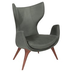 Wonatti Korcula Armchair, Walnut Wood Armchair, Suede Armchair