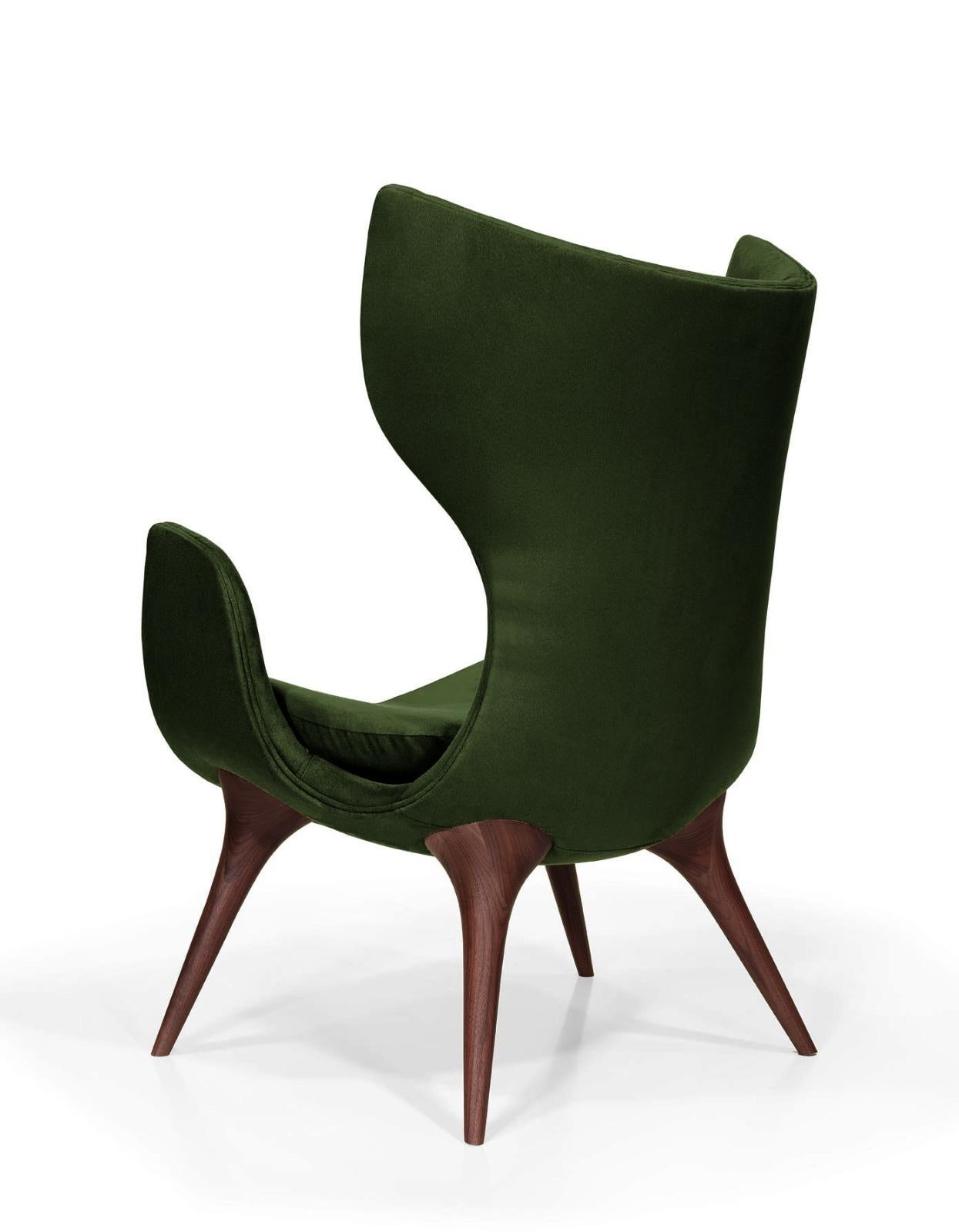 Modern Wonatti Korcula Armchair, Walnut Wood Armchair, Suede Armchair, Green Chair For Sale