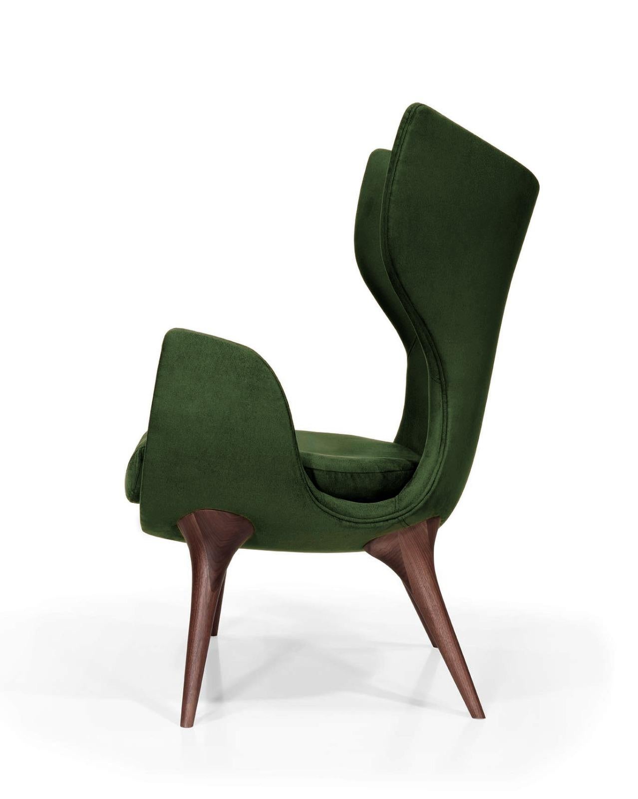 Portuguese Wonatti Korcula Armchair, Walnut Wood Armchair, Suede Armchair, Green Chair For Sale