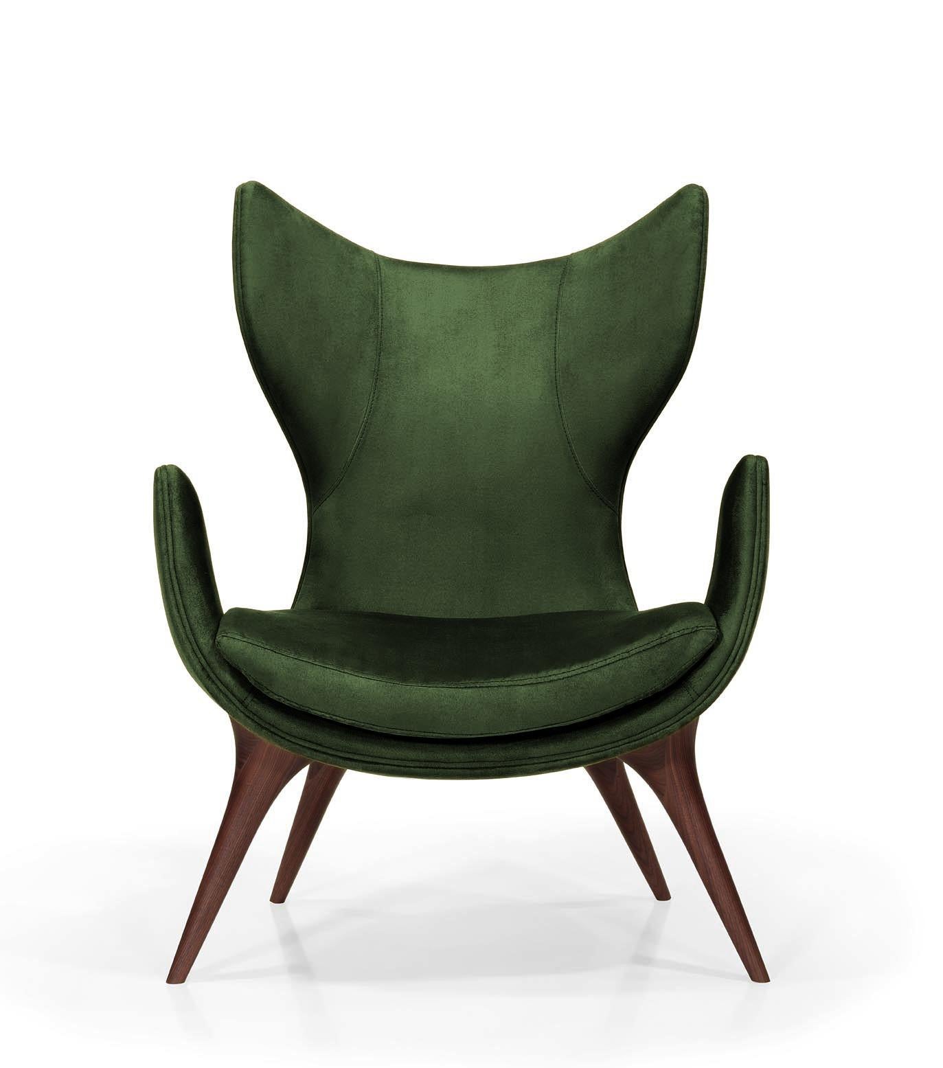 Hand-Crafted Wonatti Korcula Armchair, Walnut Wood Armchair, Suede Armchair, Green Chair For Sale