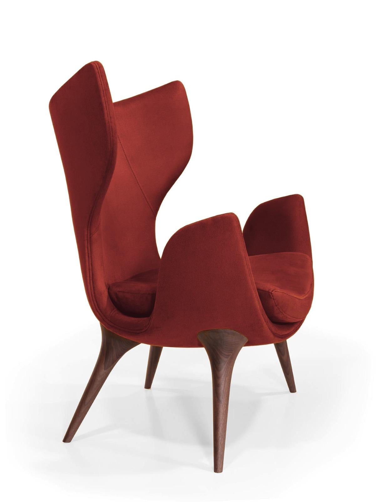 Modern Wonatti Korcula Armchair, Walnut Wood Armchair, Suede Armchair, Red Chair For Sale