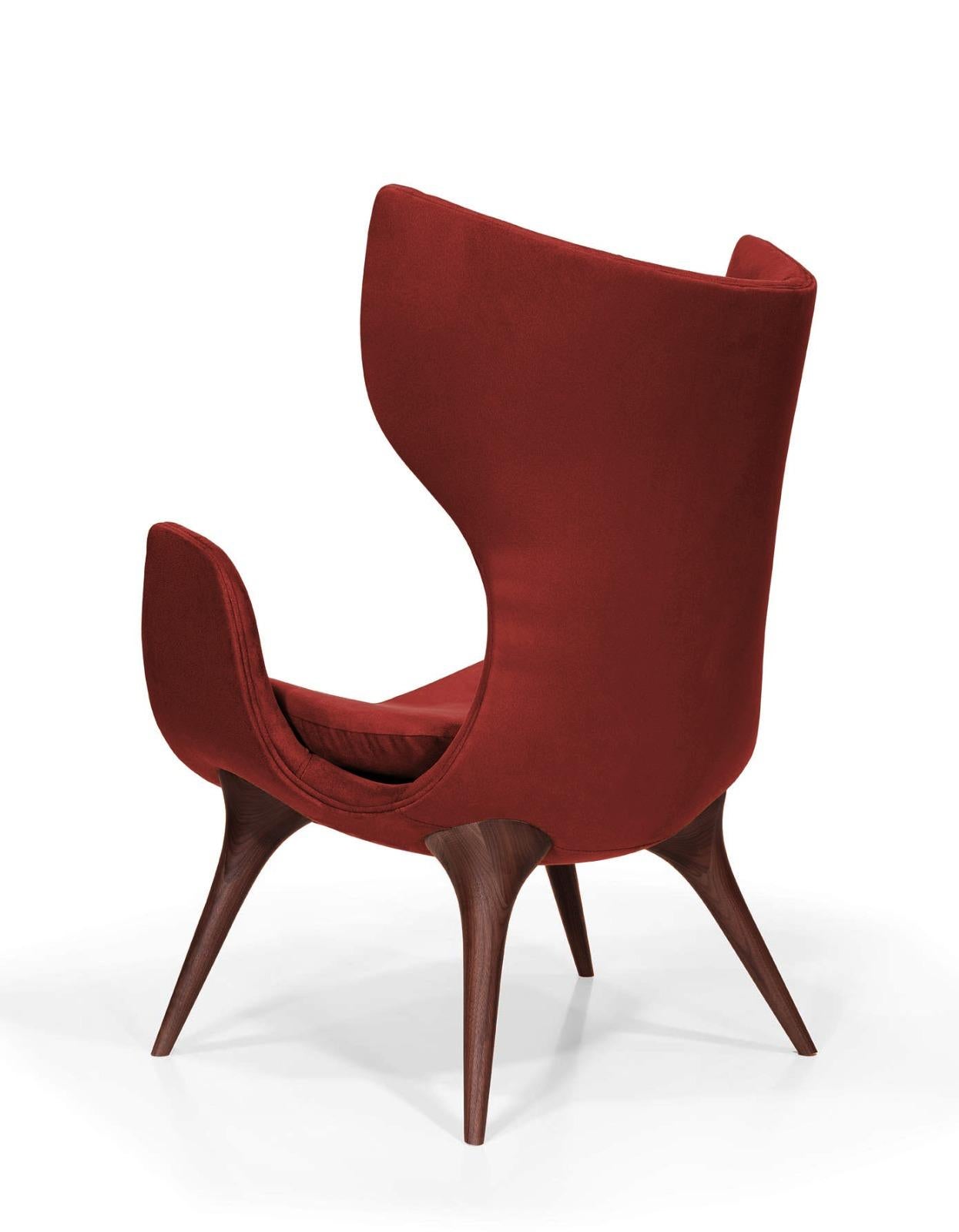 Portuguese Wonatti Korcula Armchair, Walnut Wood Armchair, Suede Armchair, Red Chair For Sale