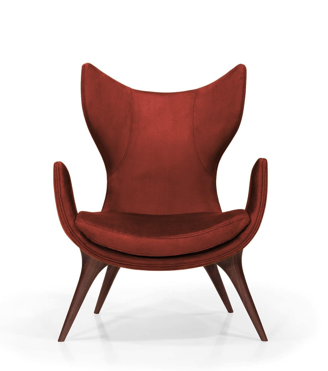 Hand-Crafted Wonatti Korcula Armchair, Walnut Wood Armchair, Suede Armchair, Red Chair For Sale