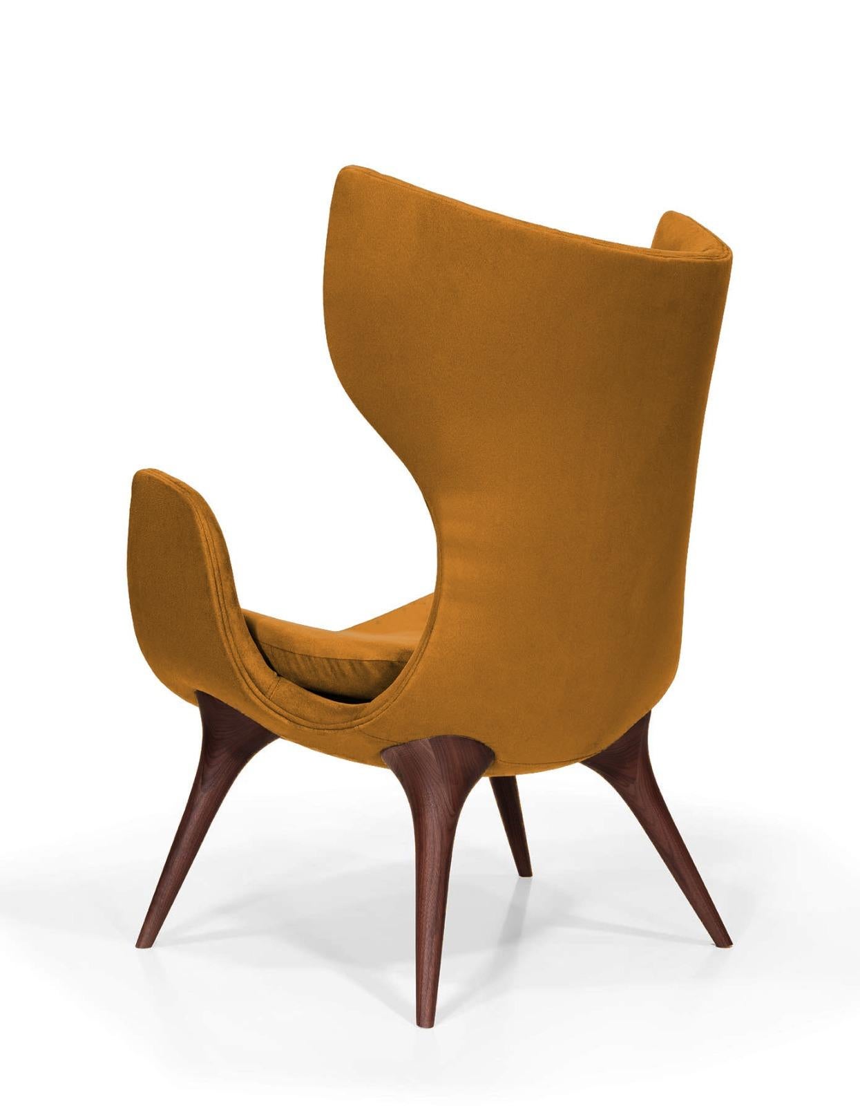 Modern Wonatti Korcula Armchair, Walnut Wood Armchair, Suede Armchair, Yellow Chair For Sale