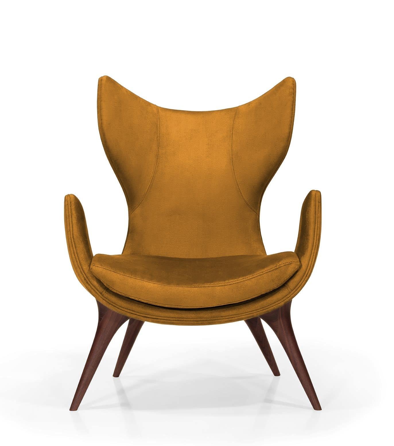 Portuguese Wonatti Korcula Armchair, Walnut Wood Armchair, Suede Armchair, Yellow Chair For Sale