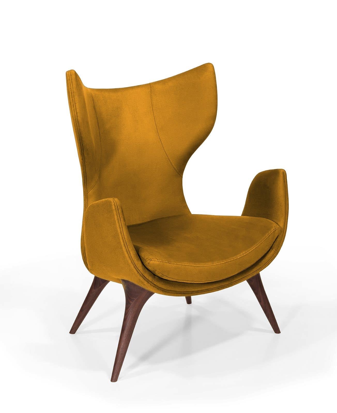 Wonatti Korcula Armchair, Walnut Wood Armchair, Suede Armchair, Yellow Chair For Sale