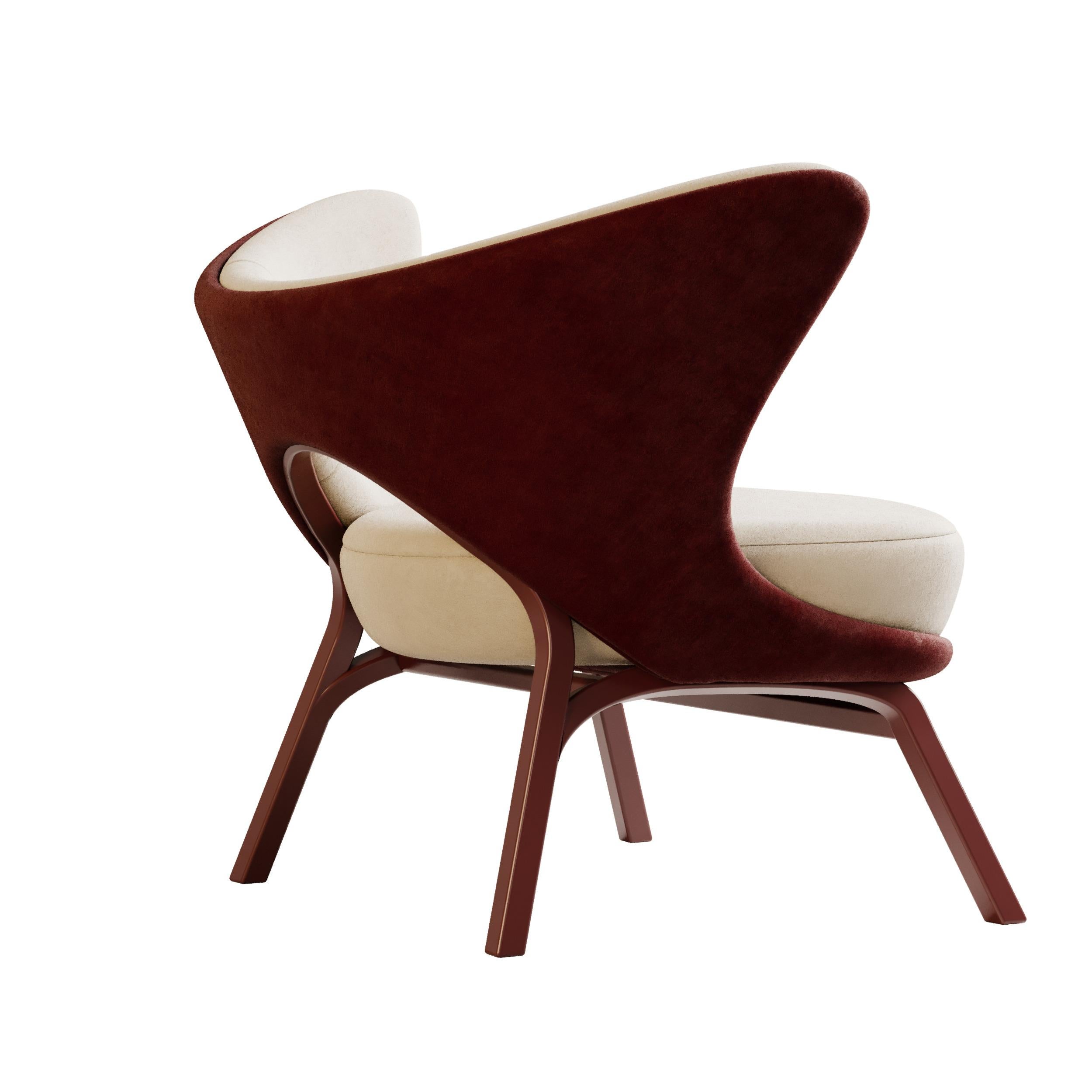 Portuguese Wonatti Kotor Armchair, Lacquered Wood Armchair, Red Suede Armchair For Sale