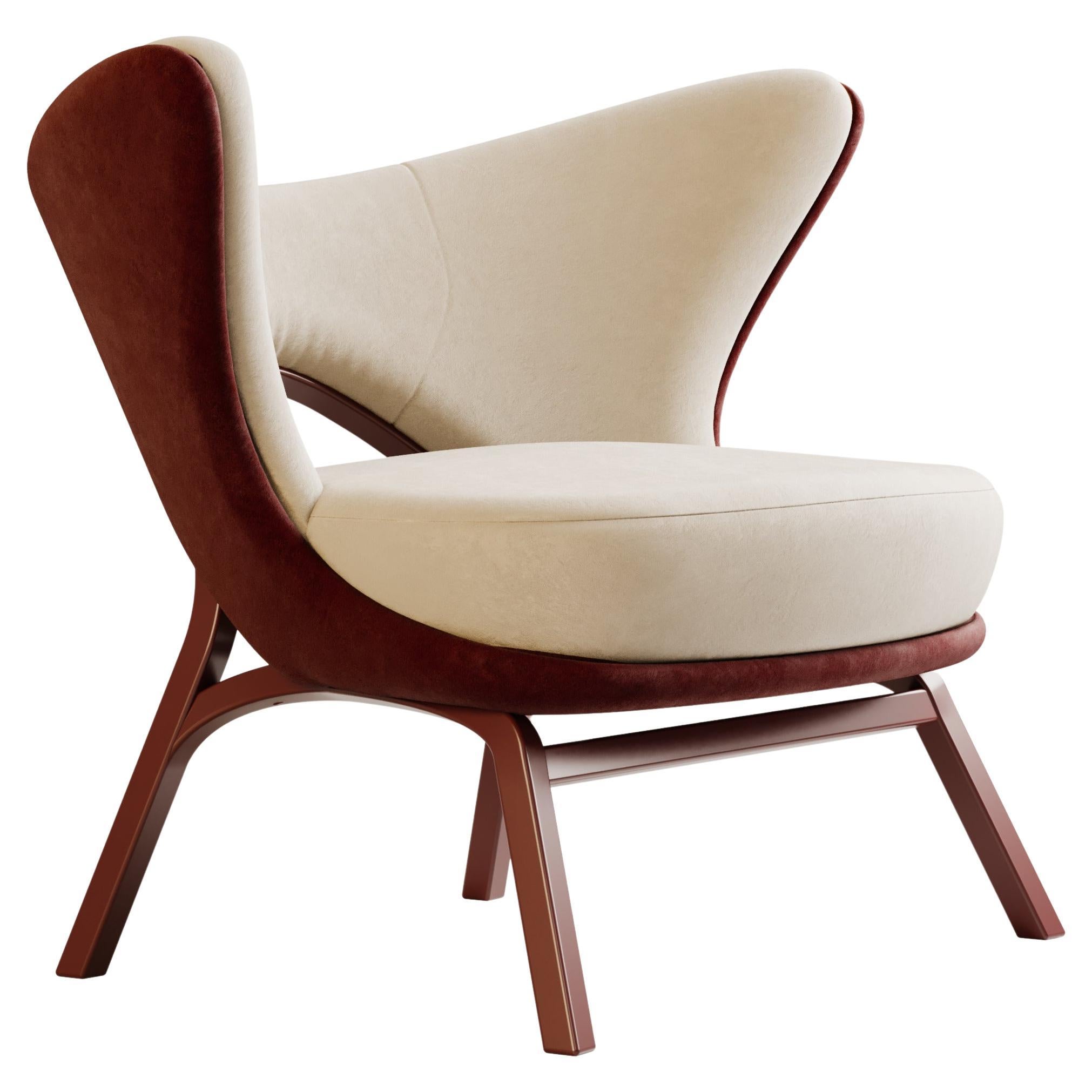 Wonatti Kotor Armchair, Lacquered Wood Armchair, Red Suede Armchair For Sale