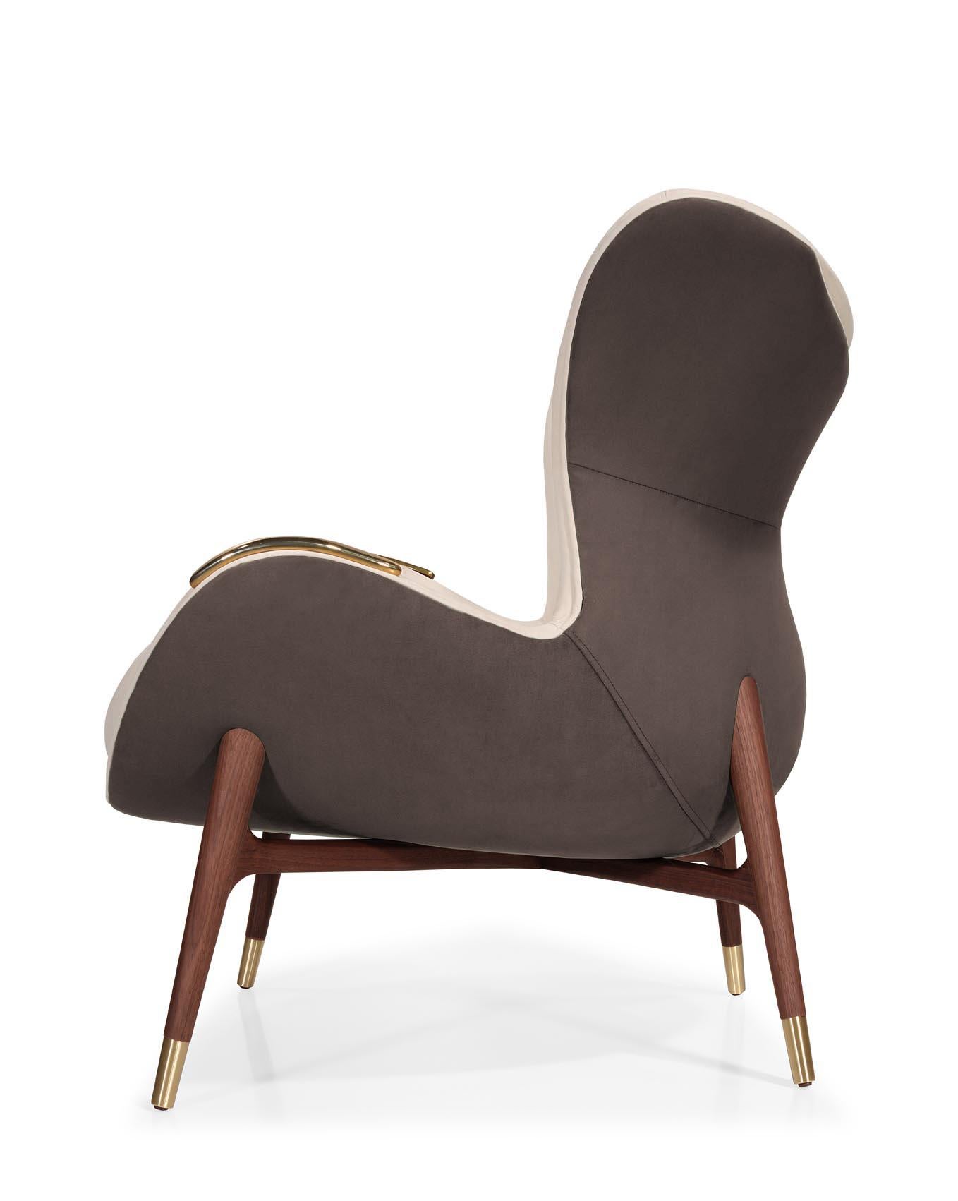 Modern Wonatti Nazaré Armchair, Walnut Wood Armchair, Suede Armchair, Brown Armchair For Sale