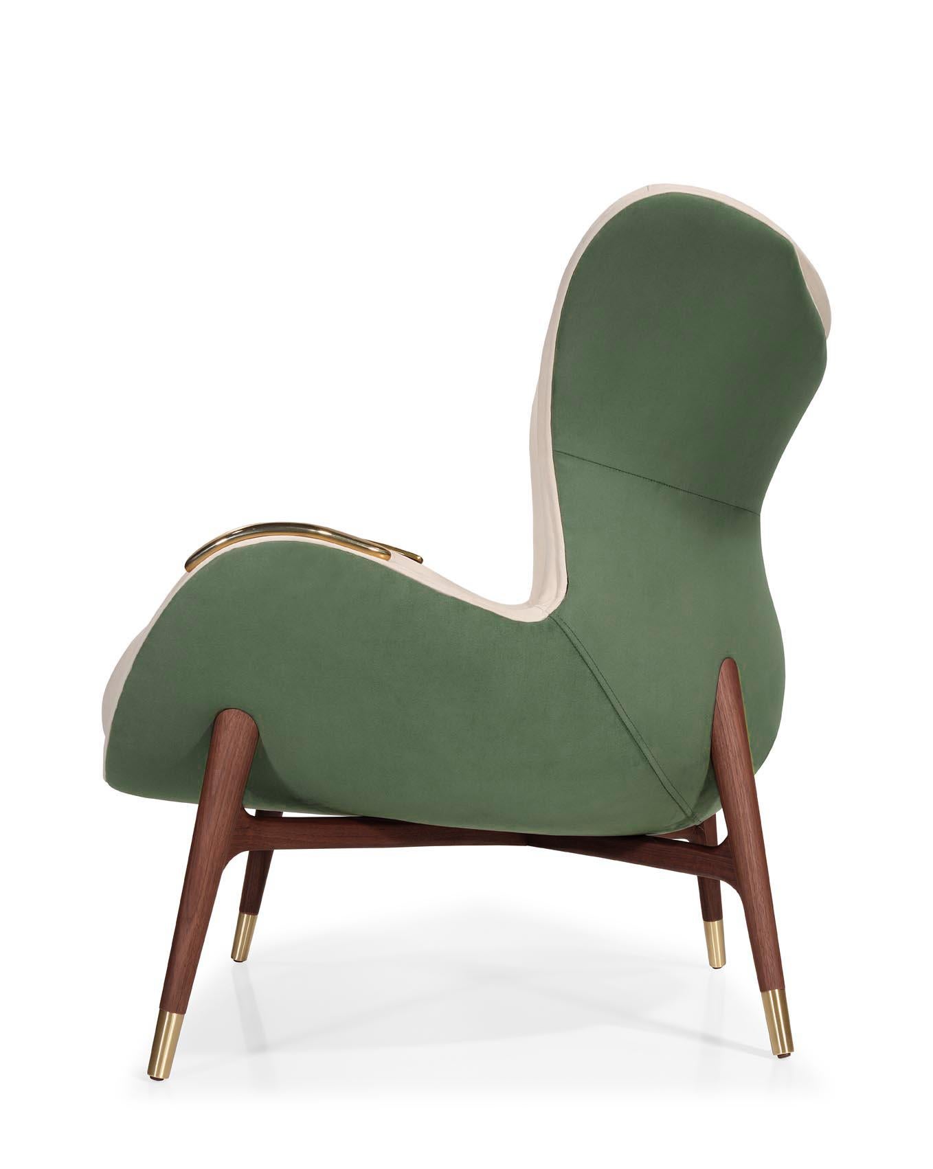 Modern Wonatti Nazaré Armchair, Walnut Wood Armchair, Suede Armchair, Green Armchair For Sale