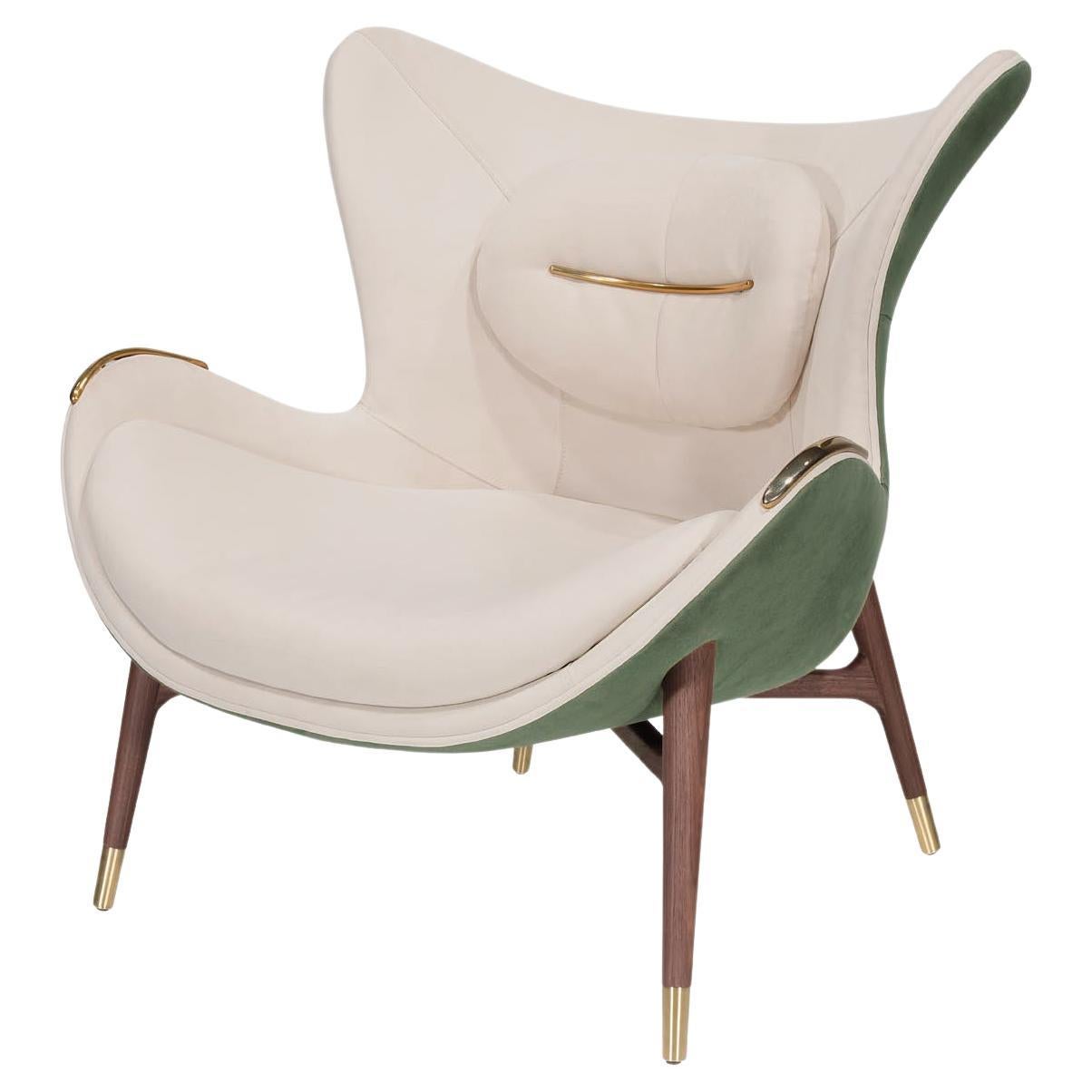 Wonatti Nazaré Armchair, Walnut Wood Armchair, Suede Armchair, Green Armchair For Sale