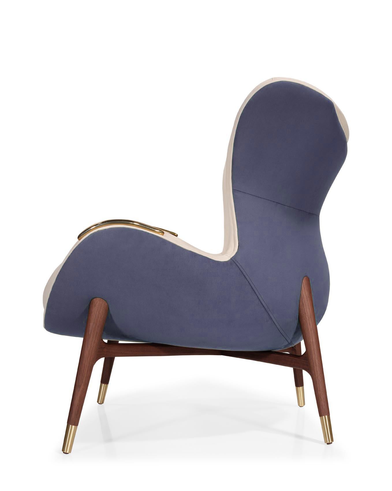 Modern Wonatti Nazaré Armchair, Walnut Wood Armchair, Suede Armchair Navy Blue Armchair For Sale