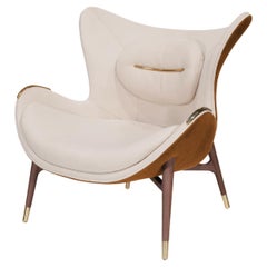 Wonatti Nazaré Armchair, Walnut Wood Armchair, Suede Armchair, Orange Armchair