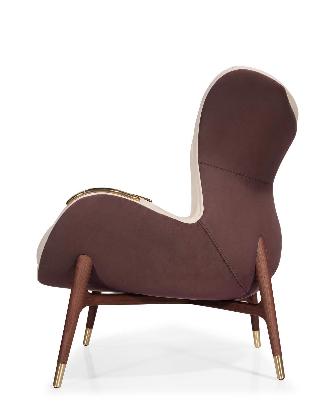 Modern Wonatti Nazaré Armchair, Walnut Wood Armchair, Suede Armchair, Red Armchair For Sale