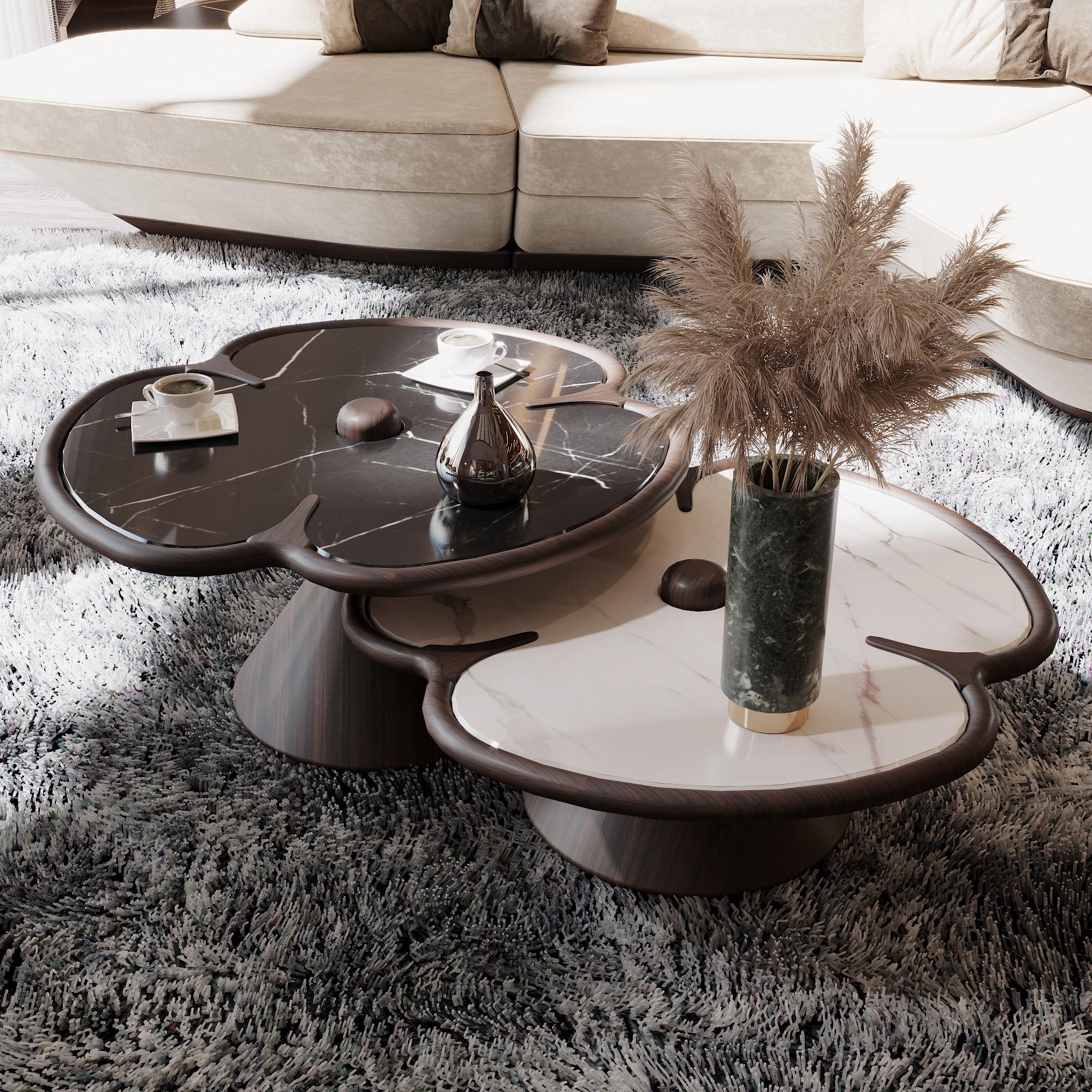 A true statement of luxury
Combining the finest and ancient craftsmanship with luxurious levels of design, quality, and comfort. 

Tallaght coffee table, Modern Collection, Solid Walnut Wood, Travertino Marble polished - Traditional Handcrafted