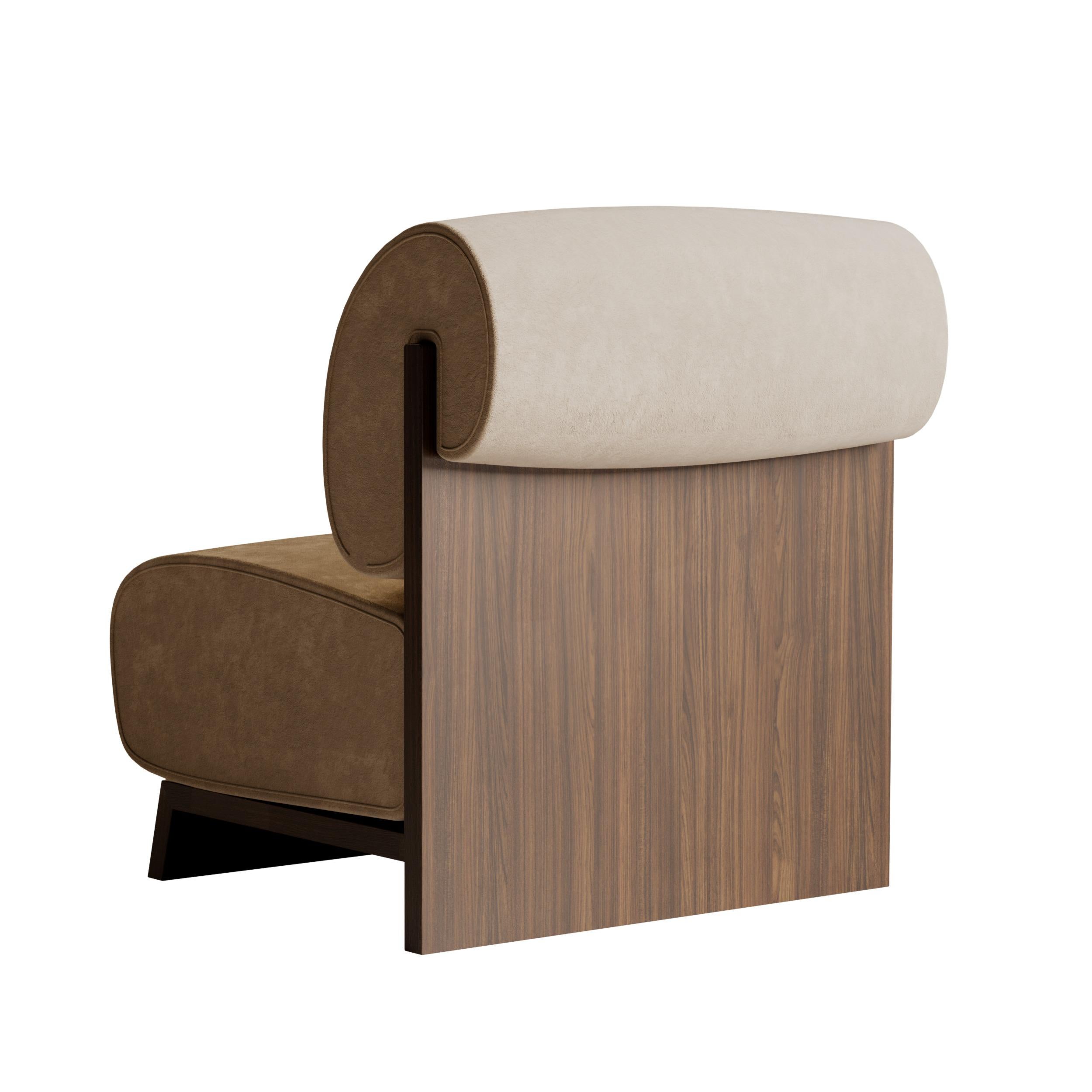 Modern Wonatti Viana Armchair, Walnut Wood Armchair, Suede Armchair For Sale