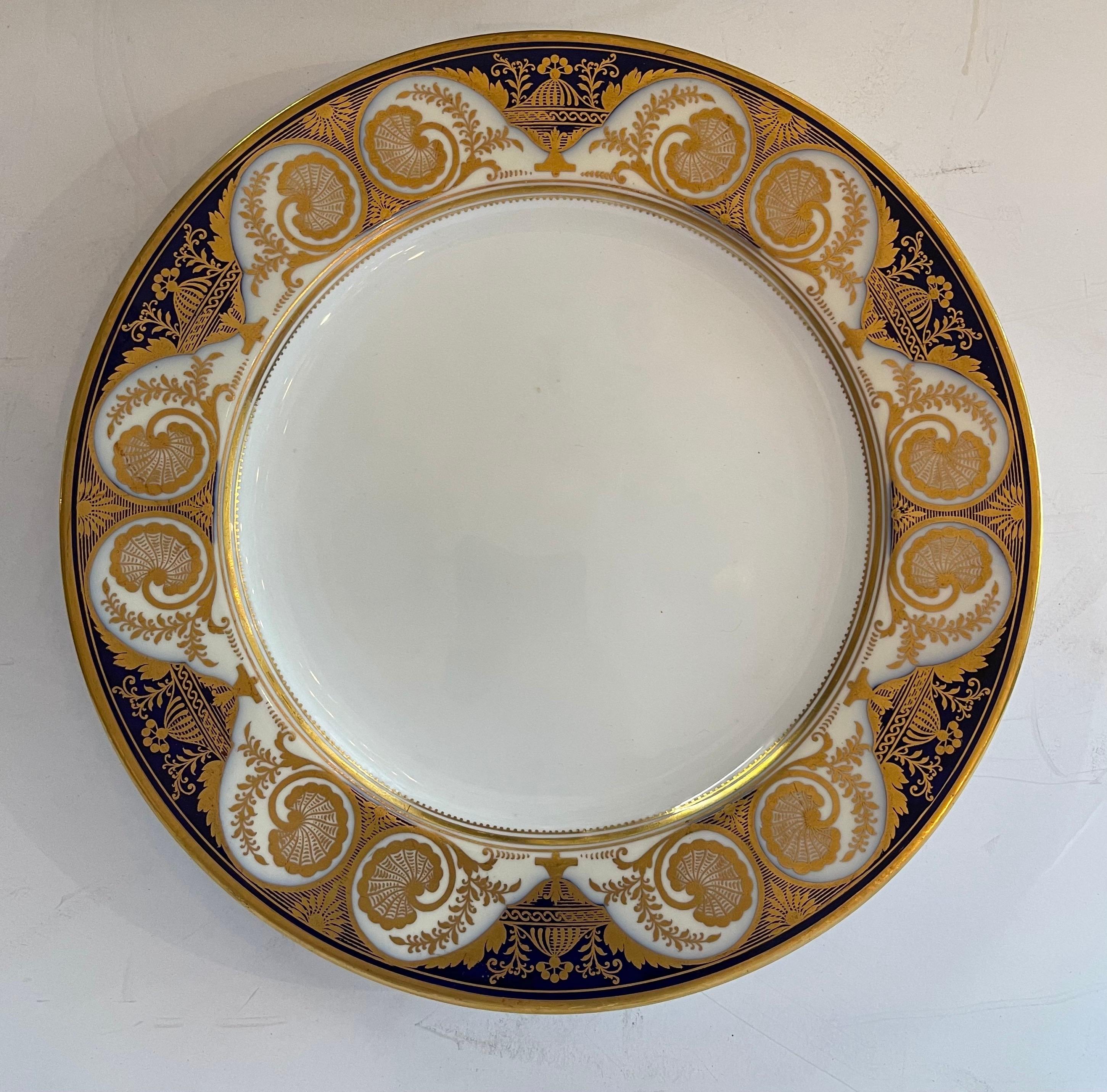 Gilt Wonderful 12 Spode English Fine Porcelain Dinner Service Plates Cobalt Blue Gold