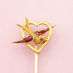 18k Yellow gold stick pin - Lovers brooch - detailed swallow cravat pin