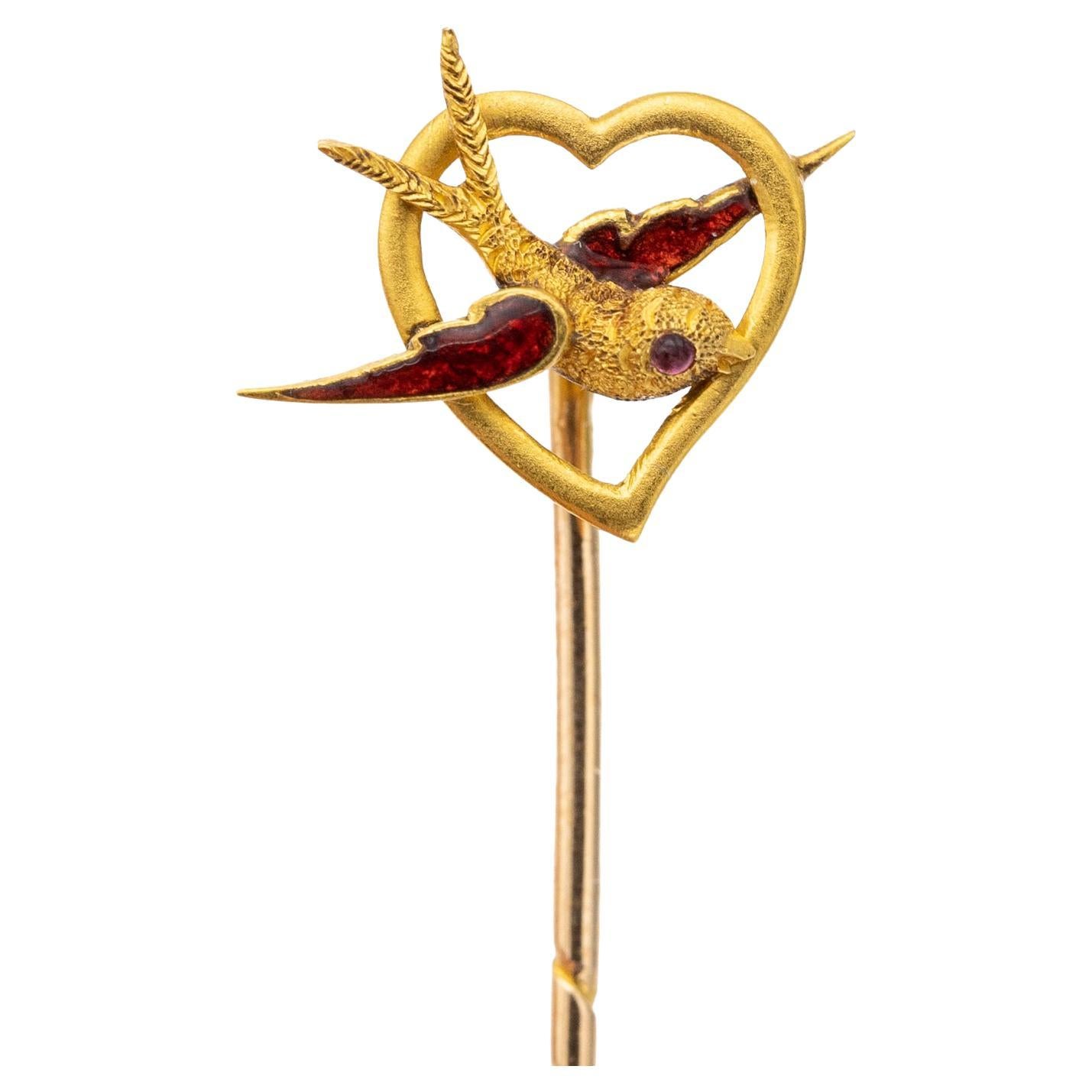 18k Yellow gold stick pin - Lovers brooch - detailed swallow cravat pin