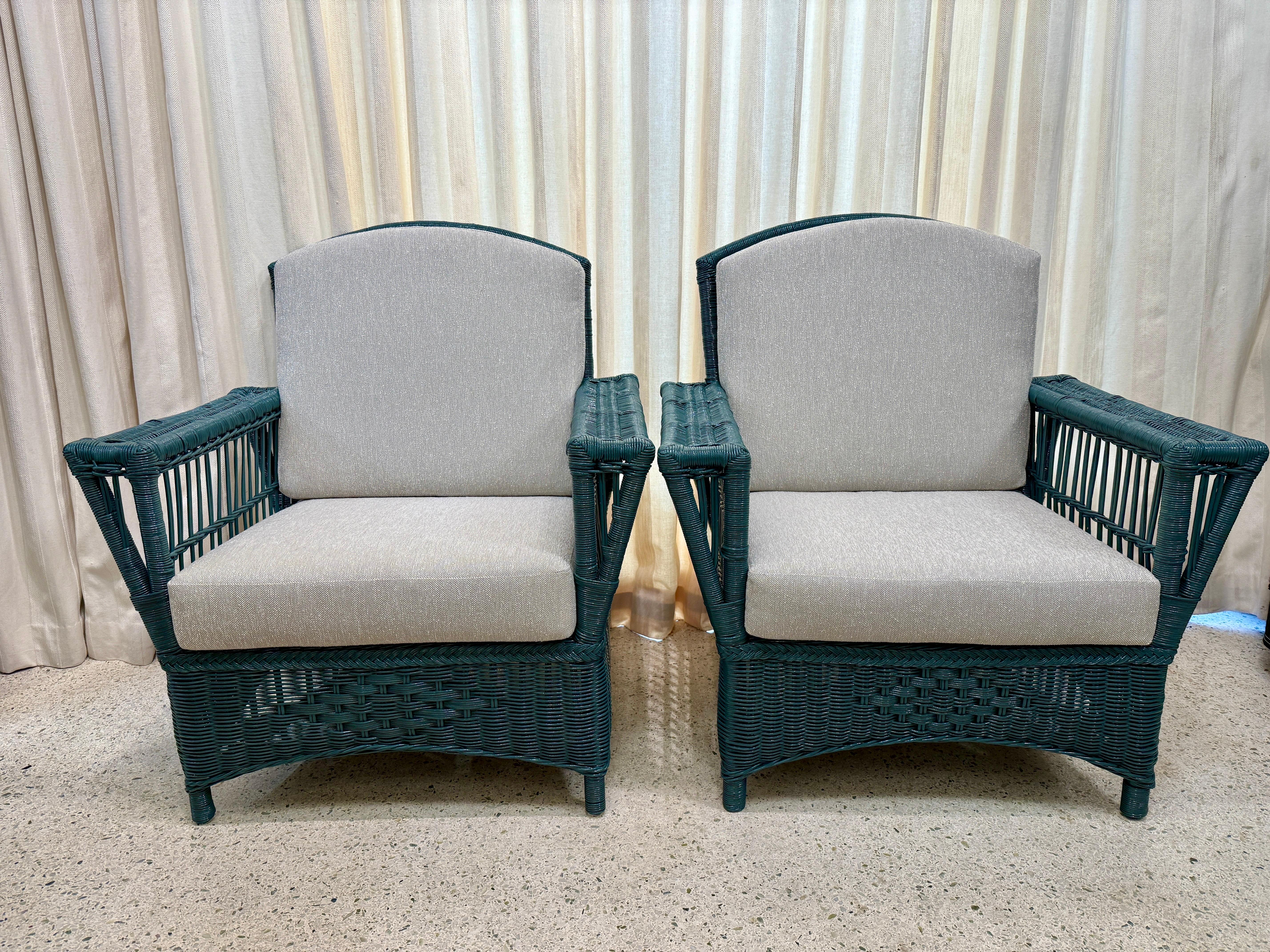 Maravillosas sillas de mimbre verde de los años 40 para patio o interior, Pareja en venta 3