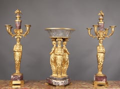 Fantastic 19th Century Empire Style Gilt Bronze and Marble 3 Piece Garniture