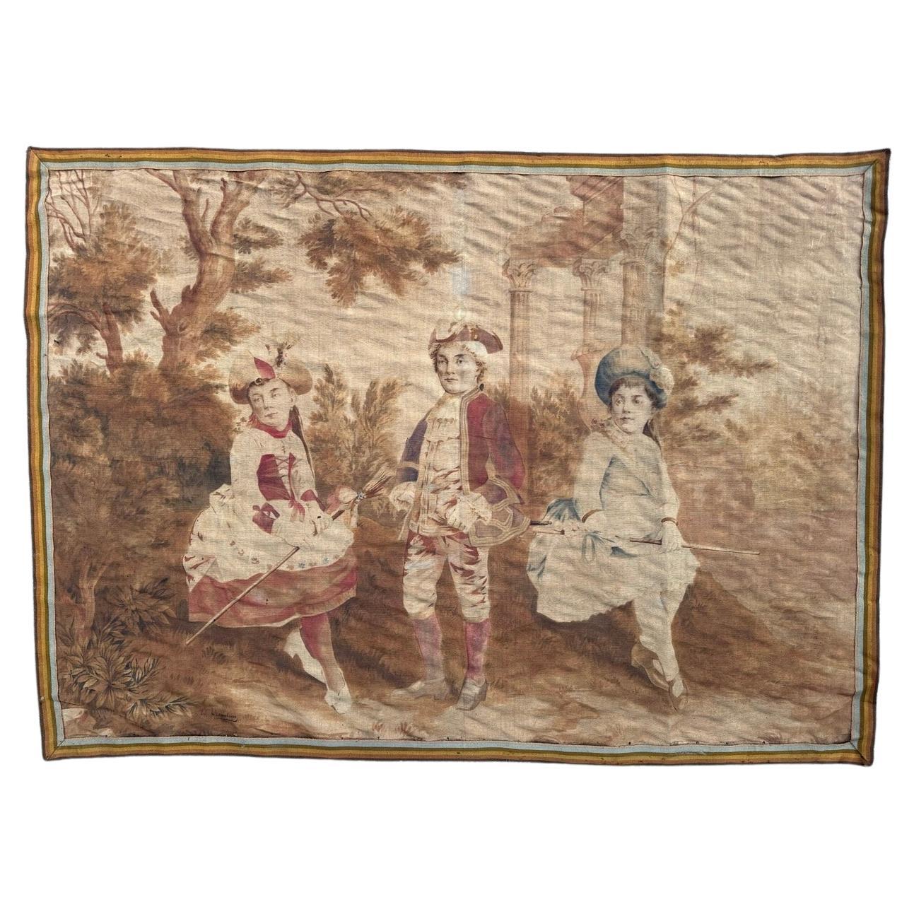 Maravilloso tapiz francés del siglo XIX de Aubusson estampado y pintado a mano