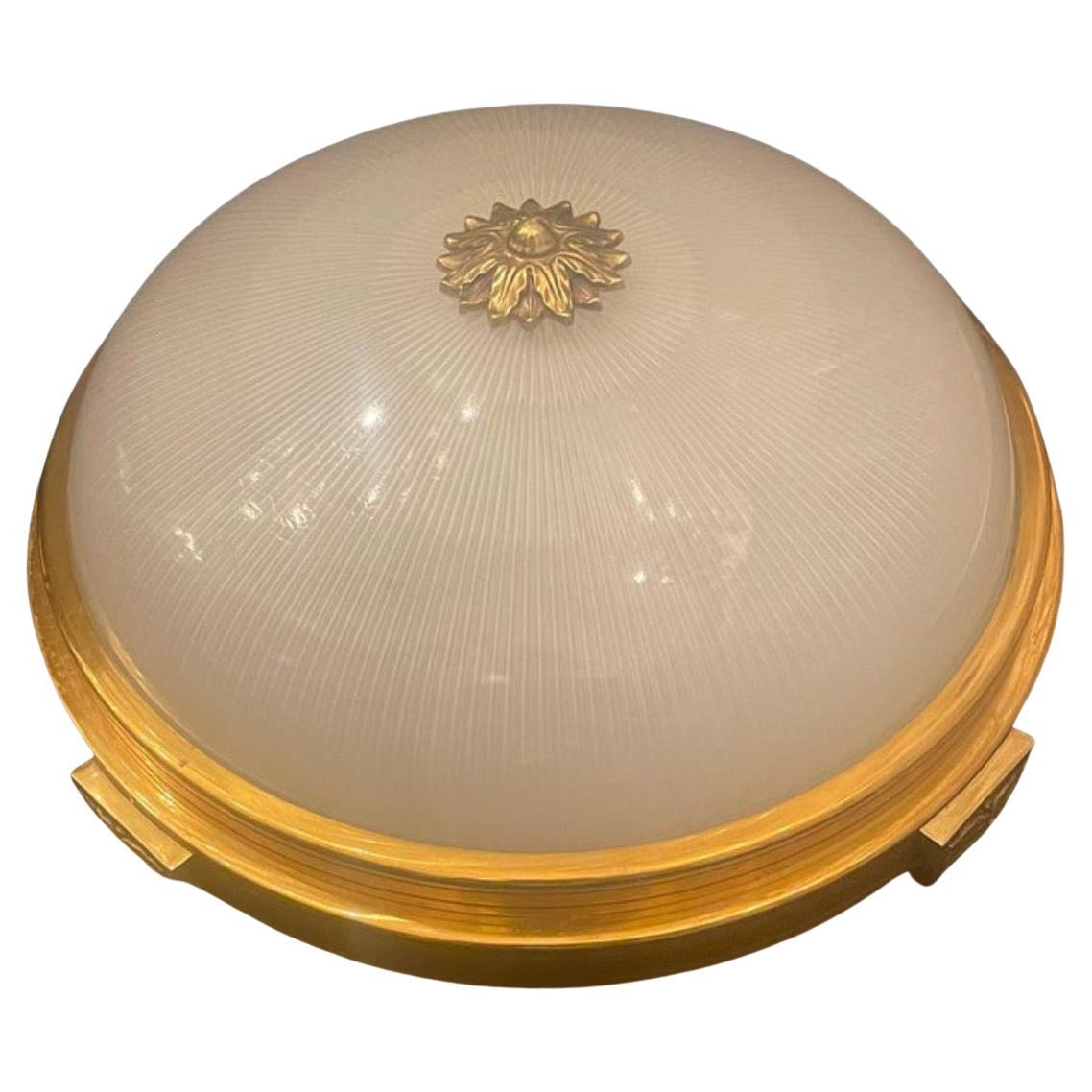A Wonderful Set Of 3 Large French Dore Bronze Flush Mount Plafoniere Ceiling Light Fixture With A Starburst Frosted Ribbed Glass Shade In The Manner And Style Of Sherle Wagner / Vaughan.
Measurements:
6