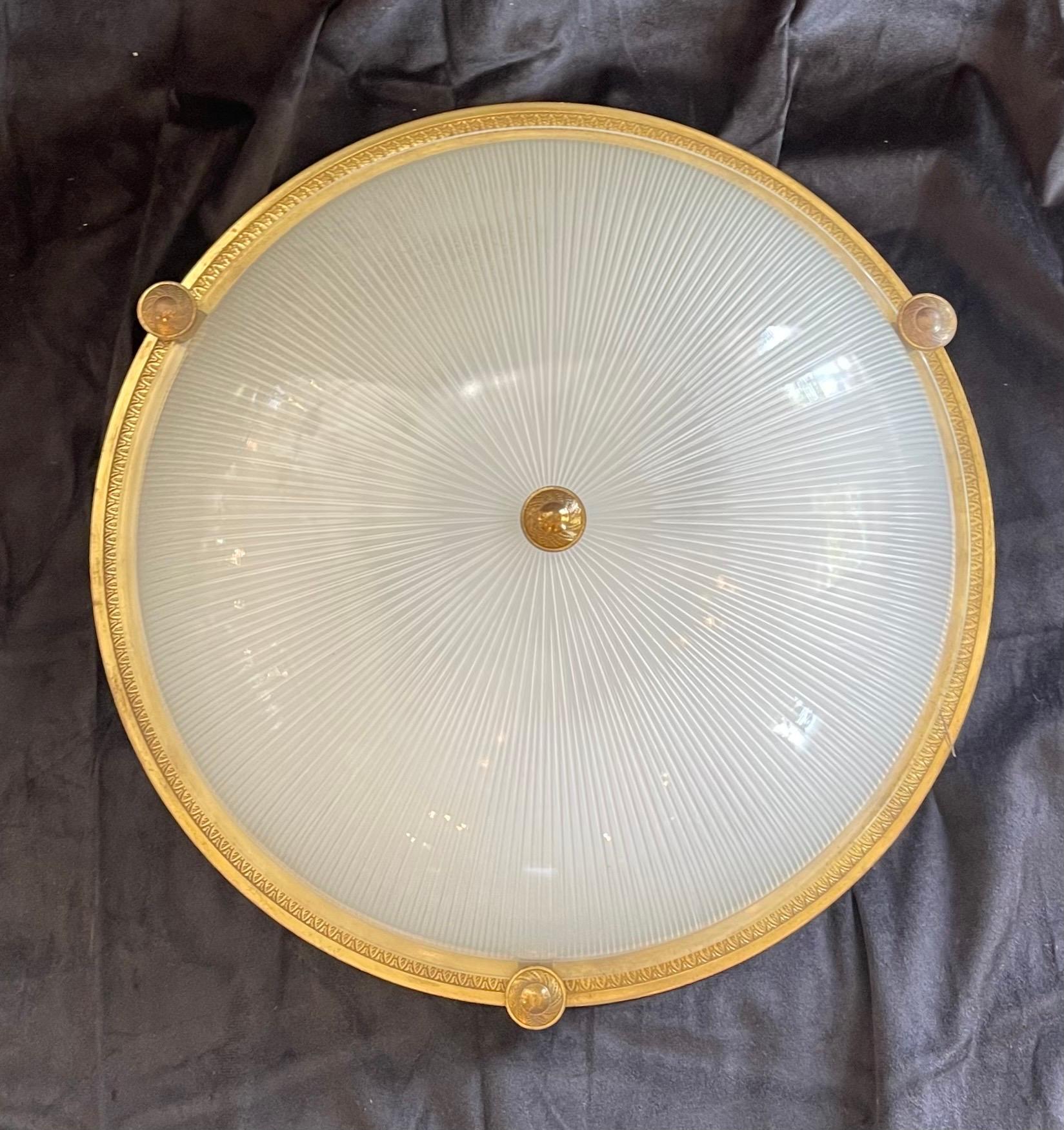 Belle Époque Wonderful 5 Large French Bronze Starburst Glass Flush Mount Plafoniere Fixtures For Sale