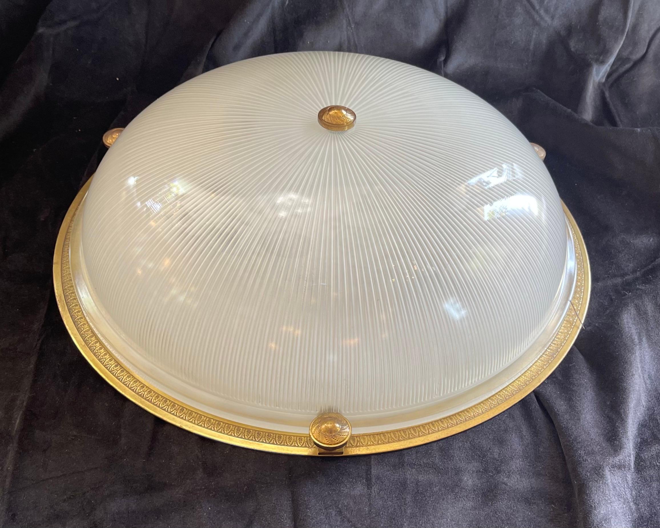 Wonderful 5 Large French Bronze Starburst Glass Flush Mount Plafoniere Fixtures In Good Condition For Sale In Roslyn, NY