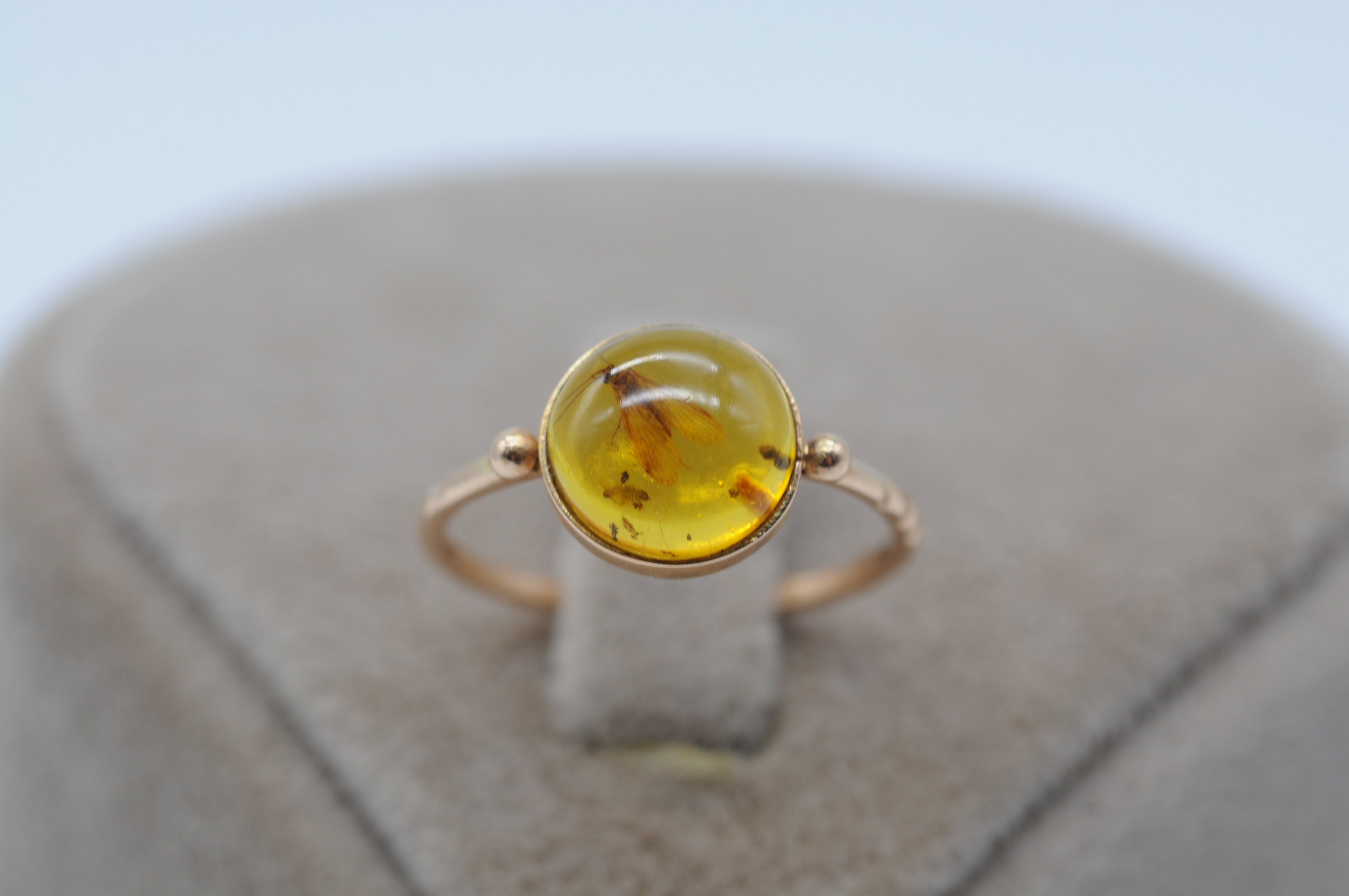 Enter the realm of enchantment with this mesmerizing 14k yellow gold ring, a true testament to the beauty of nature's wonders. Nestled within its golden embrace lies a captivating insect encased in amber, resembling a tiny timepiece frozen in