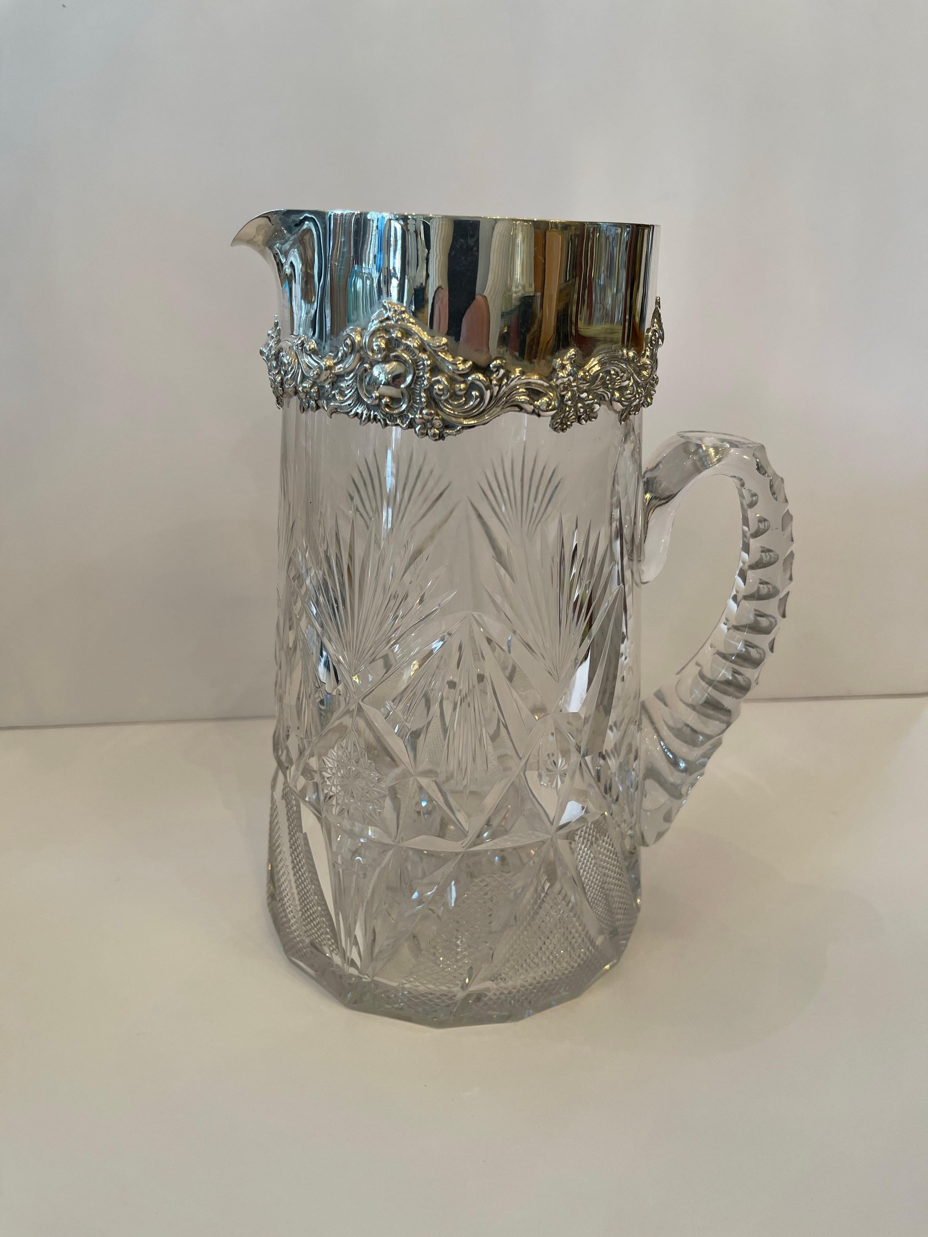Maravillosa Jarra Decantadora de Agua de Plata de Ley Americana de Cristal de Corte Brillante Belle Époque en venta