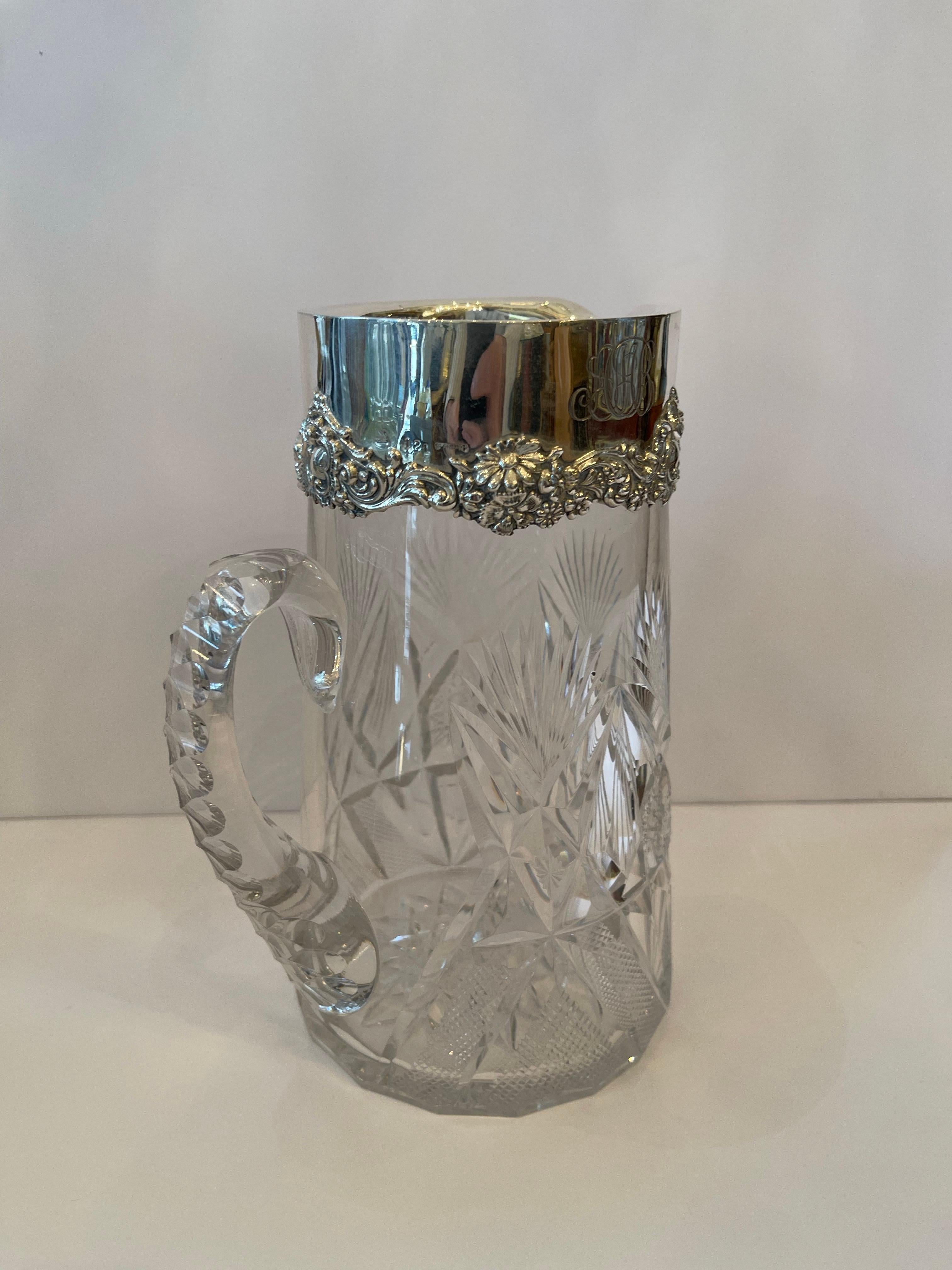 Maravillosa Jarra Decantadora de Agua de Plata de Ley Americana de Cristal de Corte Brillante siglo XX en venta