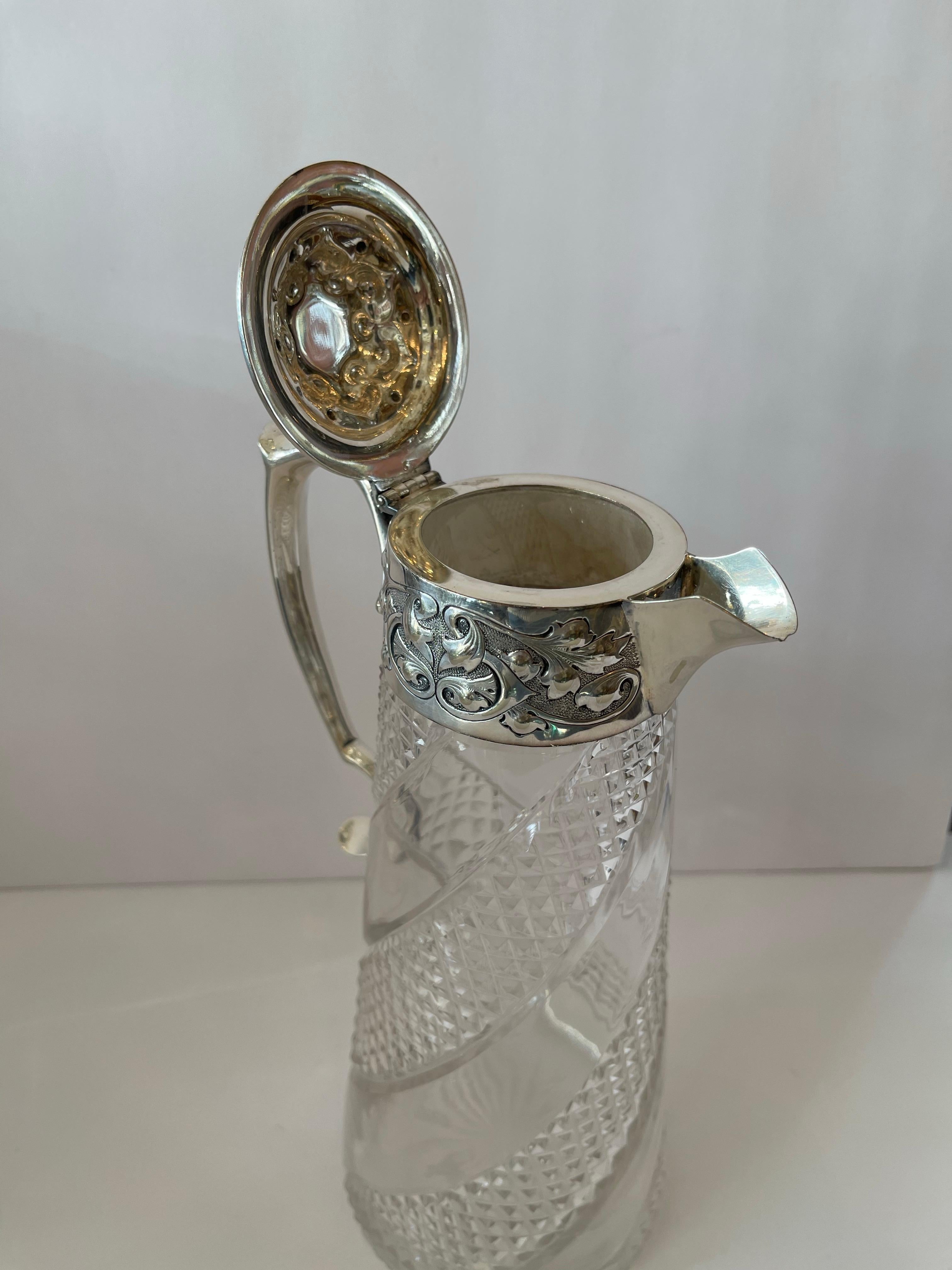 Maravillosa Jarra Decantadora de Agua de Plata de Ley Americana de Cristal Tallado Brillante Belle Époque en venta
