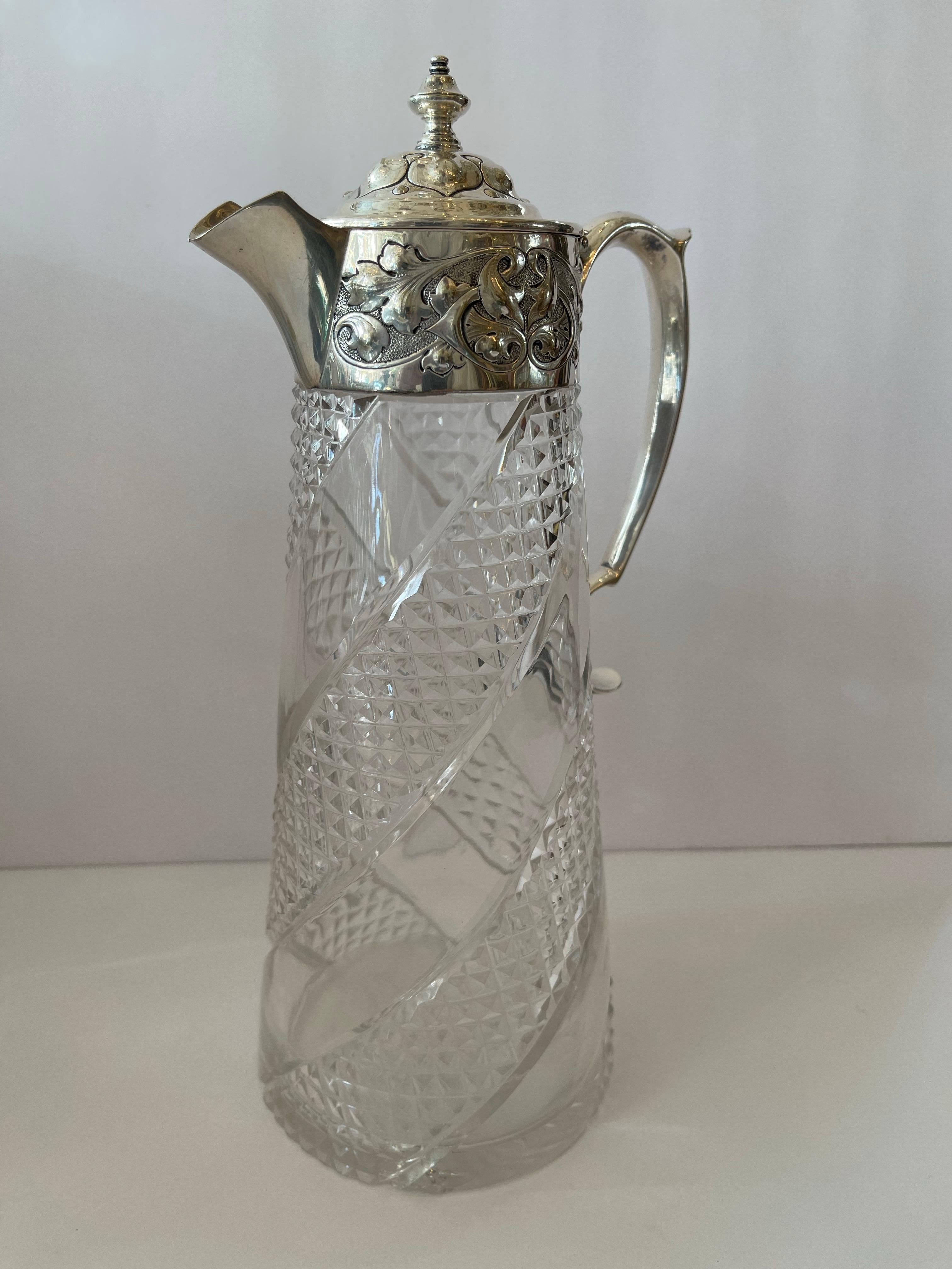 Maravillosa Jarra Decantadora de Agua de Plata de Ley Americana de Cristal Tallado Brillante Grabado en venta