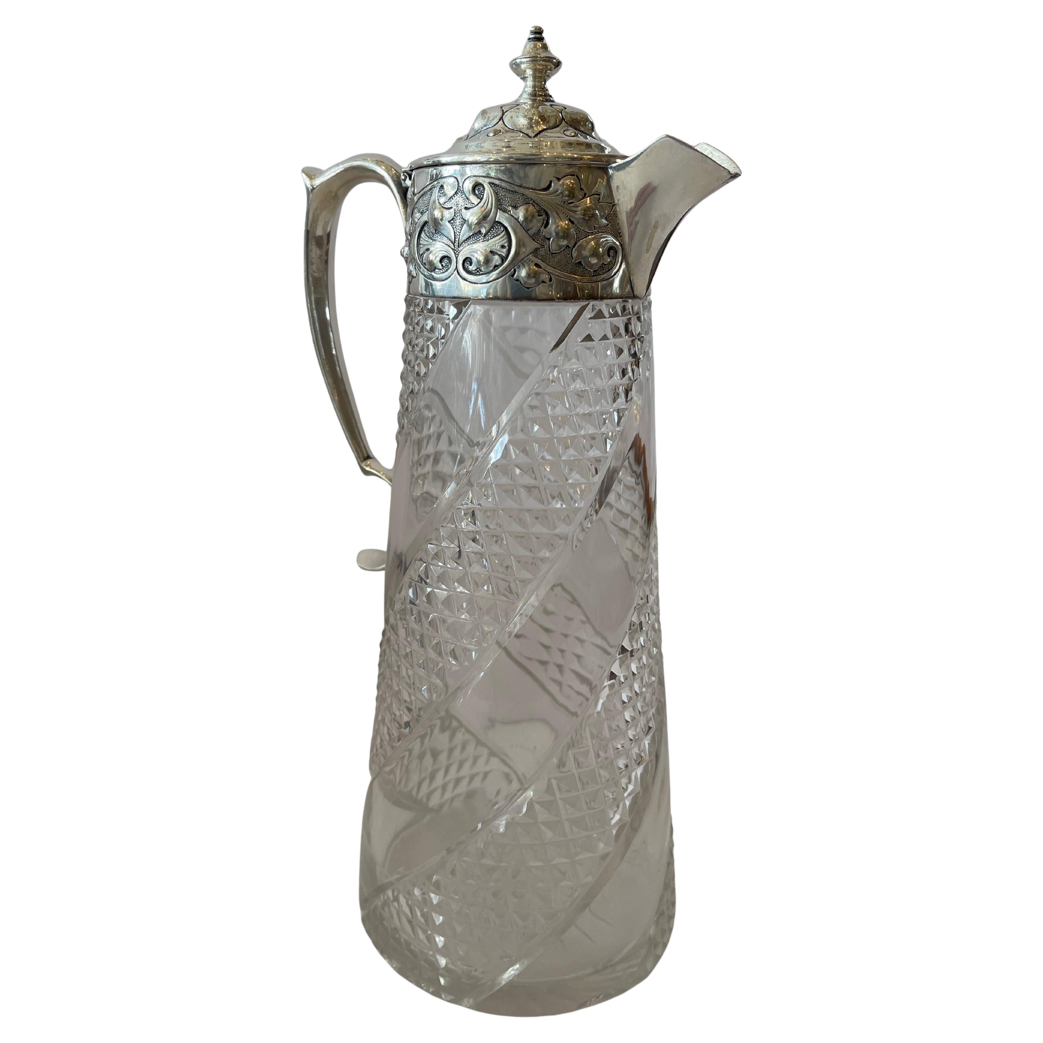 Wonderful American Brilliant Cut Glass Sterling Silver Water Pitcher Decanter